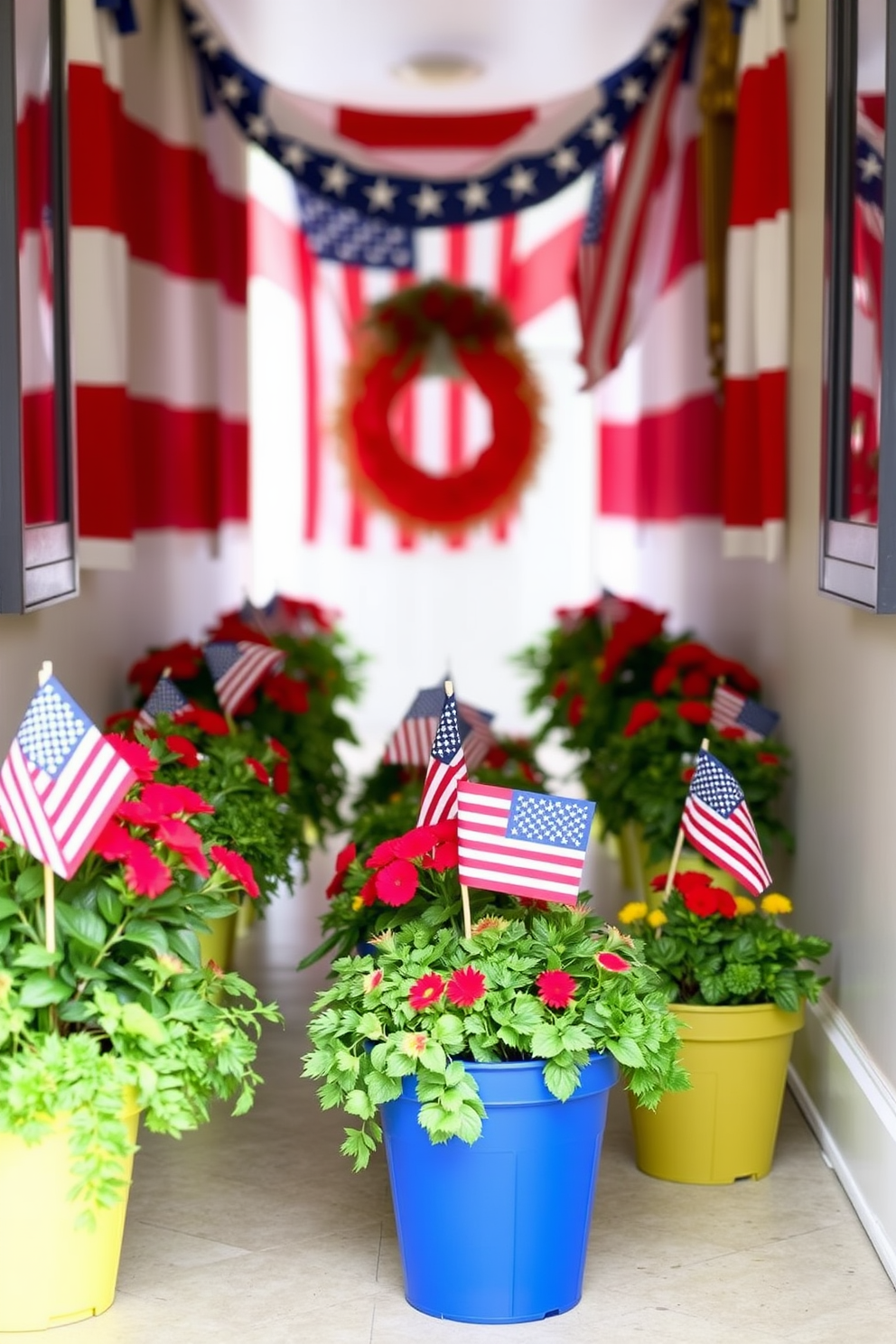 Create a festive hallway decorated for Independence Day. Miniature flags are placed in vibrant potted plants lining the walls, adding a touch of patriotism to the space.