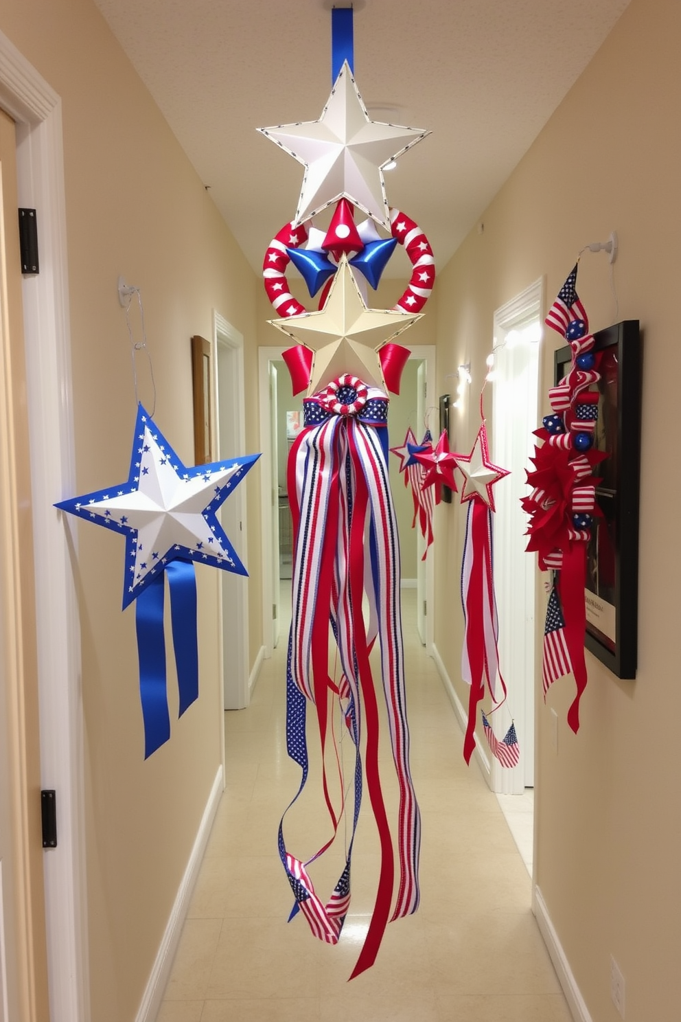 A festive door hanger decoration featuring stars and stripes in vibrant red, white, and blue colors. The design showcases a large star at the top, with cascading ribbons and patriotic motifs, perfect for celebrating Independence Day. In the hallway, hang several of these door hangers at varying heights to create a cheerful and welcoming atmosphere. Complement the decorations with string lights and small American flags to enhance the festive spirit.