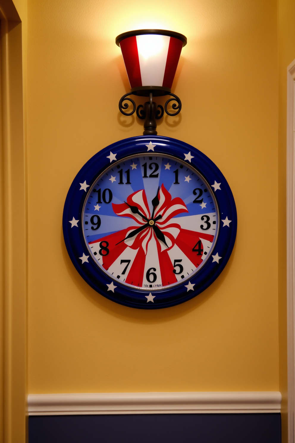 A festive wall clock featuring a patriotic design hangs prominently in the hallway. The clock showcases vibrant red, white, and blue colors, adding a celebratory touch to the decor.