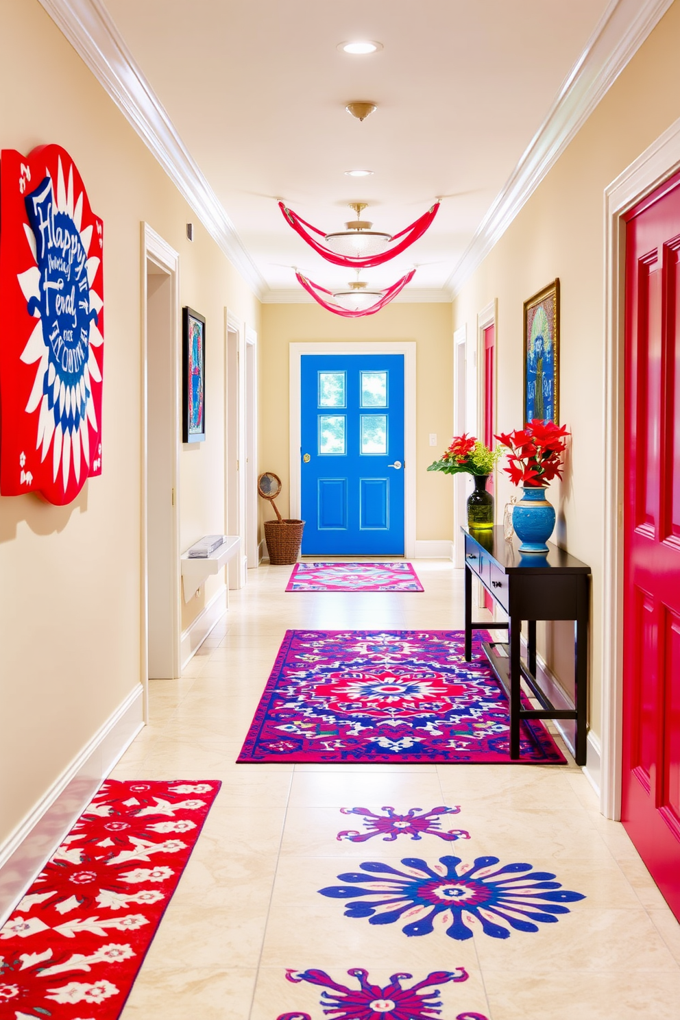 A vibrant hallway adorned with red white and blue accent rugs celebrating Independence Day. The rugs feature bold patterns that complement the walls painted in a soft cream color, creating a festive and welcoming atmosphere.