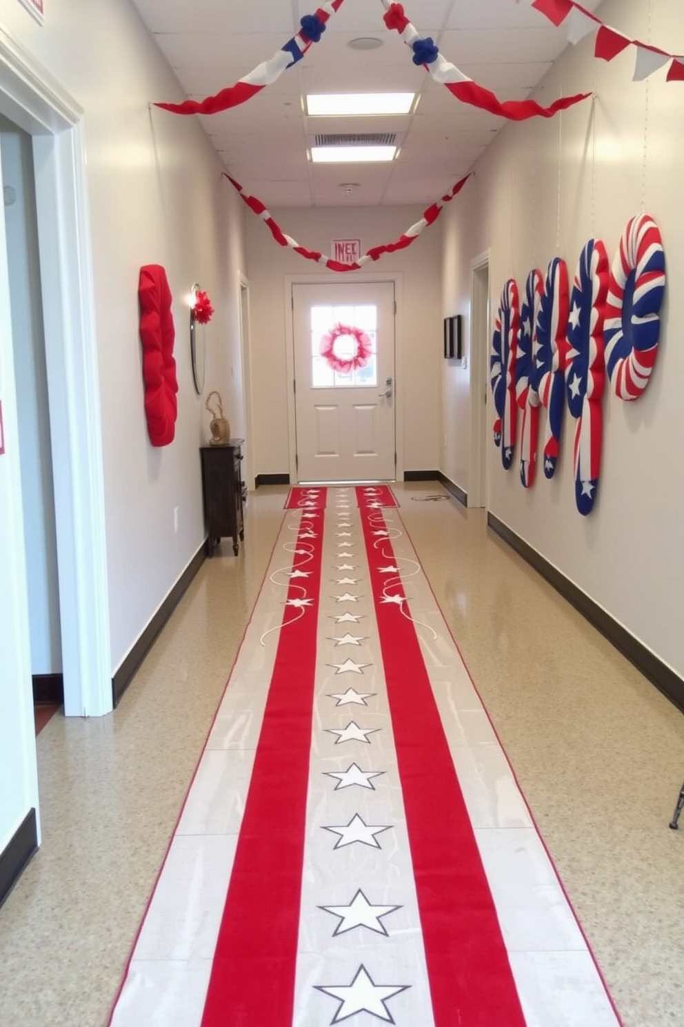 A festive hallway adorned with a stars and stripes runner that stretches along the floor. The walls are decorated with red, white, and blue accents, creating a patriotic atmosphere for Independence Day celebrations.