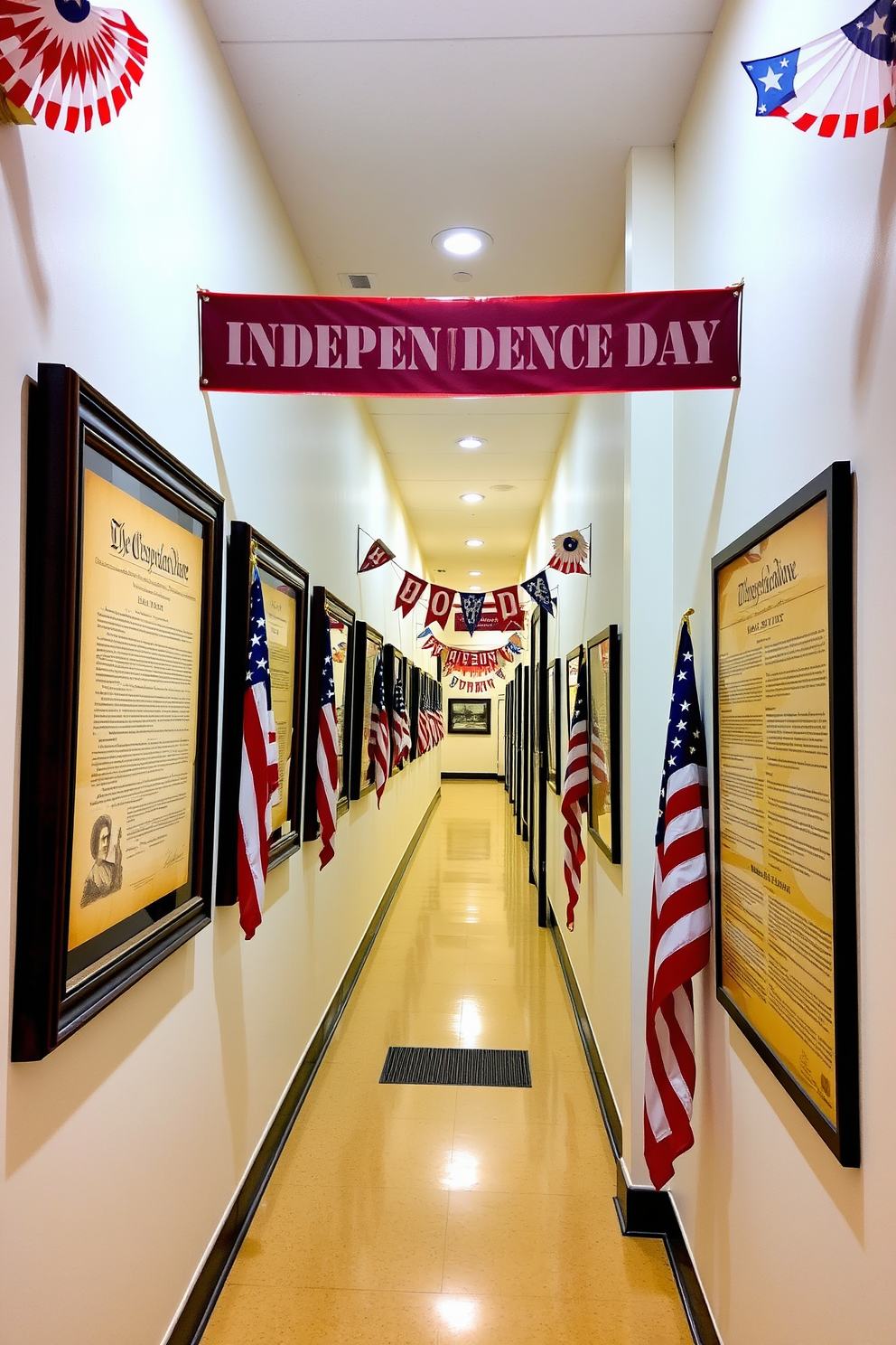 A hallway adorned with historical American documents celebrating Independence Day. The walls feature framed replicas of the Declaration of Independence and the Constitution, complemented by red, white, and blue accents.