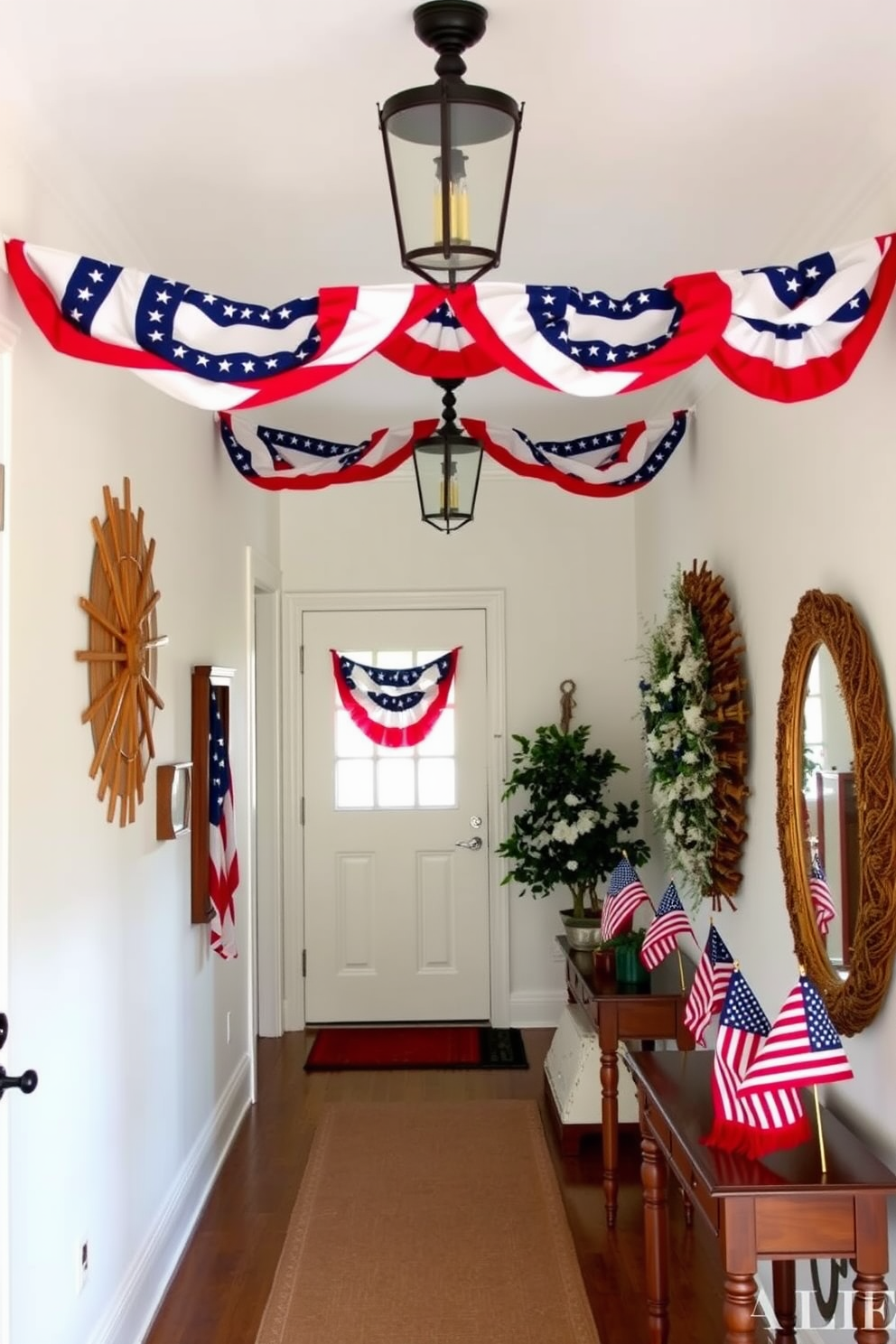 A charming hallway adorned with vintage Americana decor pieces celebrating Independence Day. Red white and blue bunting drapes from the ceiling and small flags are placed on side tables along the walls.