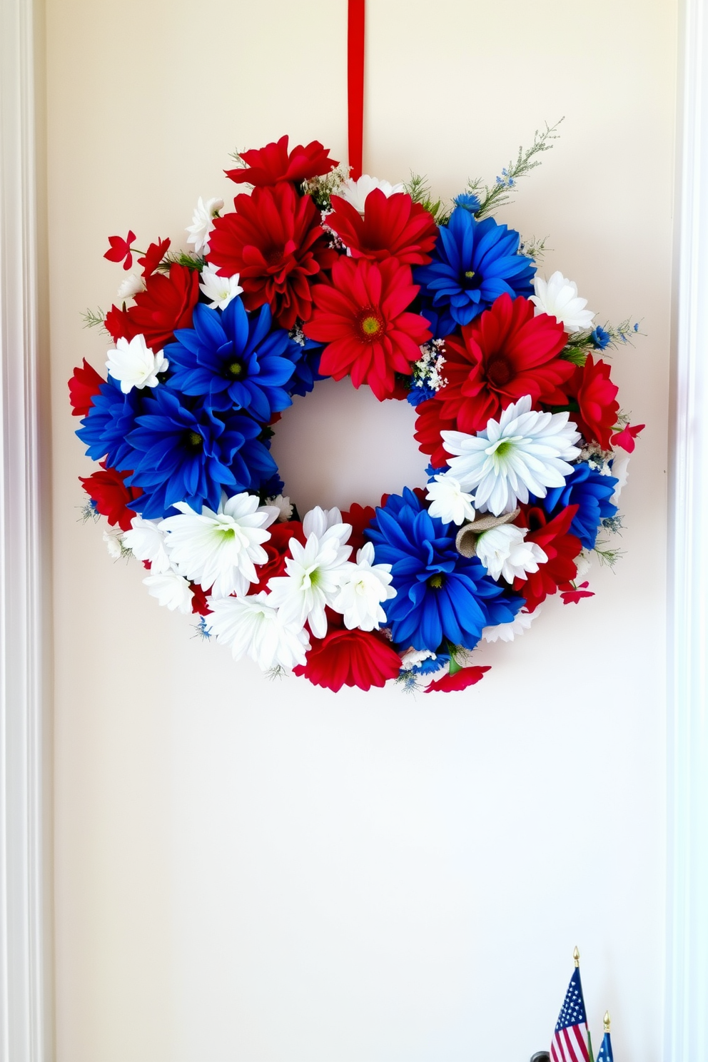 A vibrant wreath made of red white and blue flowers hangs proudly on the wall, celebrating the spirit of Independence Day. The hallway is adorned with subtle patriotic accents, including small flags and themed decor that enhance the festive atmosphere.