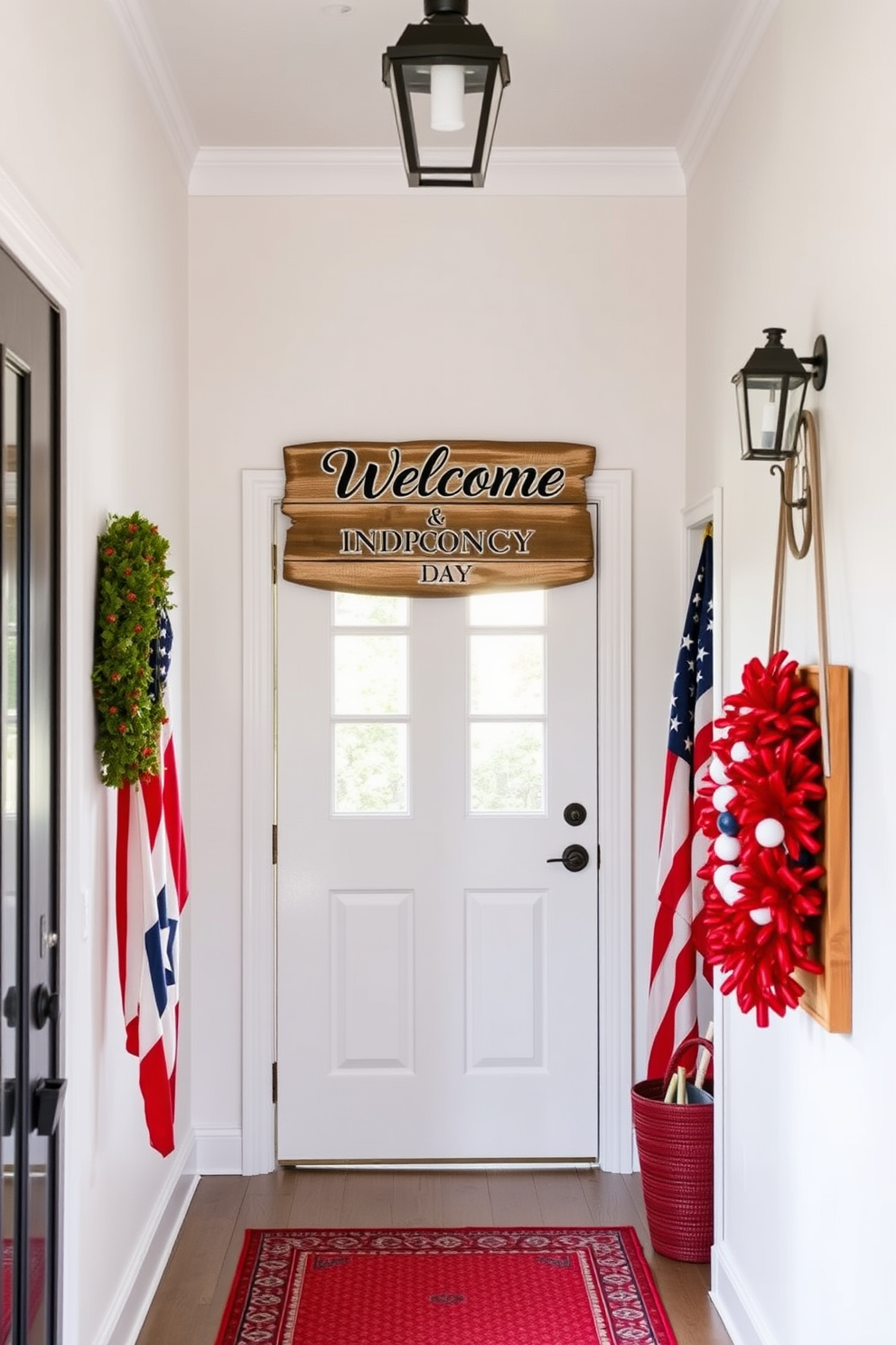 A charming hallway adorned with a wooden stars and stripes welcome sign celebrating Independence Day. The walls are painted in a crisp white, and red, white, and blue accents are woven throughout the decor, creating a festive atmosphere.