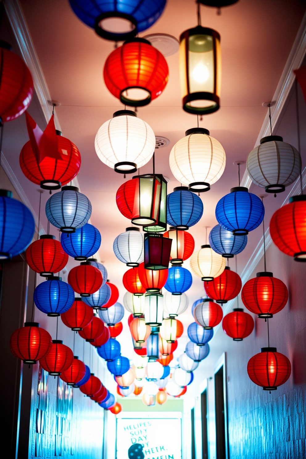 A festive hallway adorned with lanterns in vibrant red white and blue hues creates a celebratory atmosphere for Independence Day. The lanterns are hung at varying heights along the walls and ceiling, casting a warm glow that invites guests to enjoy the festive spirit.