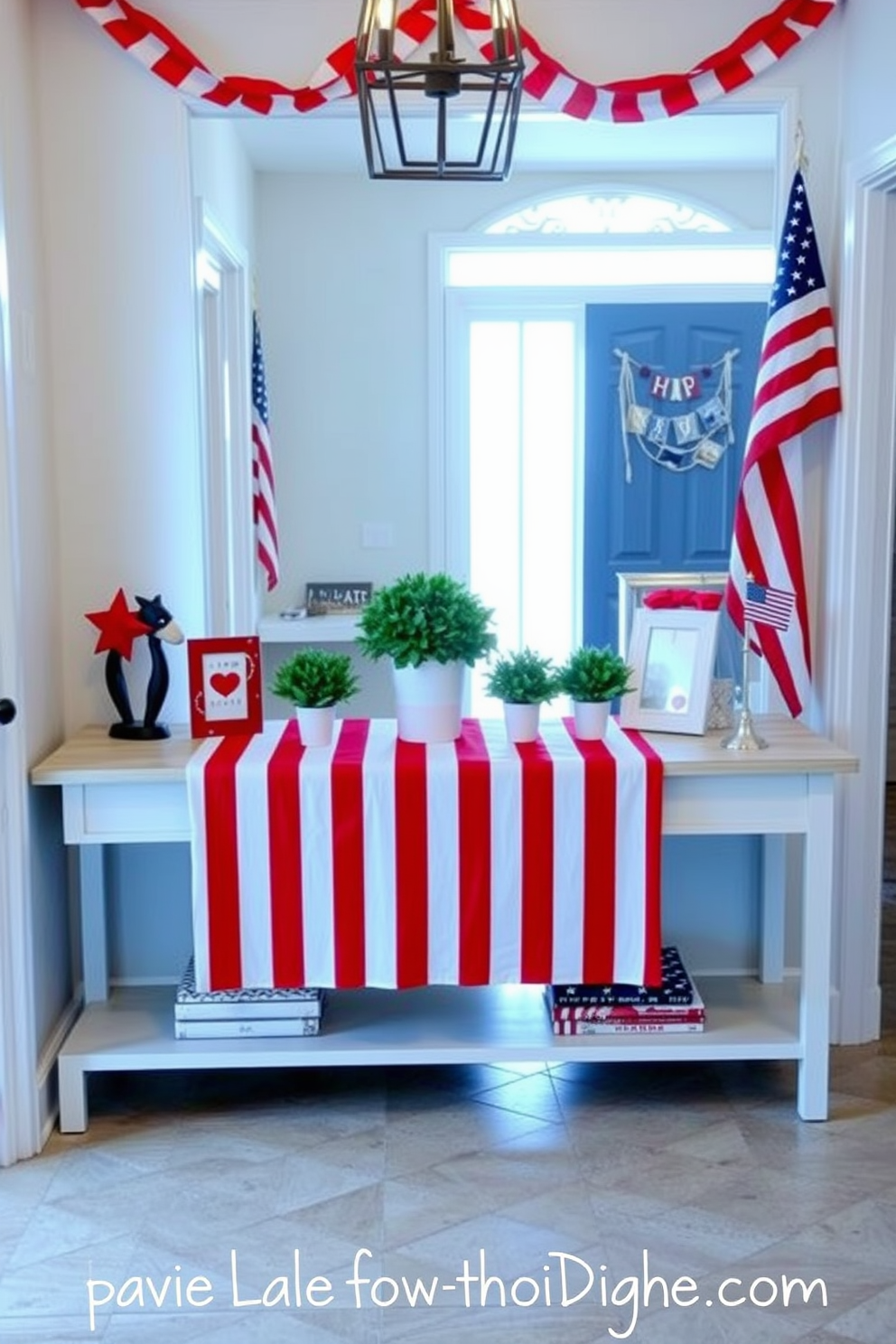 A festive hallway adorned with a red and white striped table runner that stretches across a long console table. The table is decorated with small potted plants and patriotic-themed decor items, creating a vibrant and welcoming atmosphere for Independence Day celebrations.