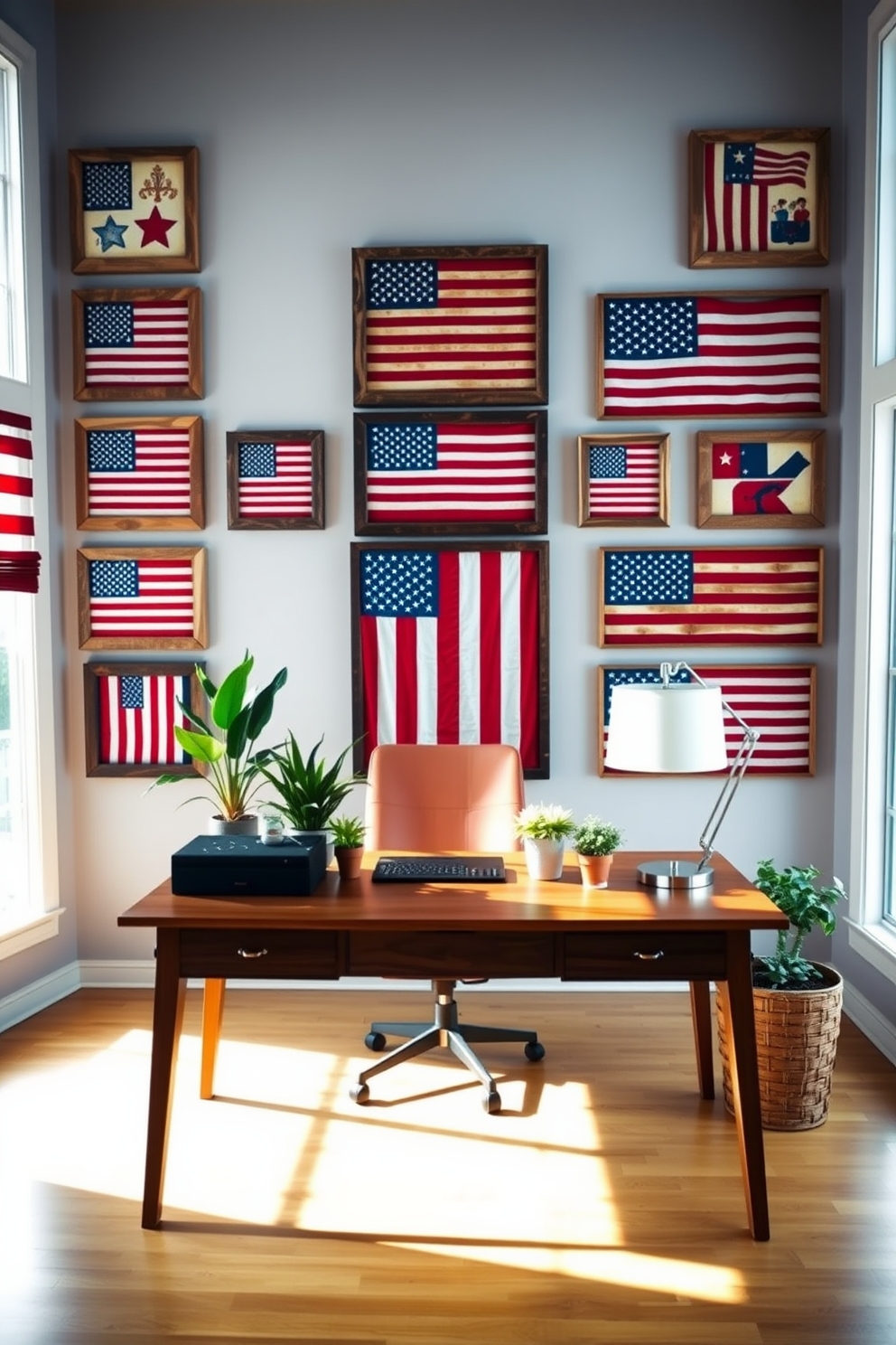 A vibrant home office featuring a patriotic flag wall art display. The walls are adorned with various sizes of American flags framed in rustic wood, creating a bold and inspiring atmosphere. A sleek wooden desk is positioned in front of the display, topped with a stylish lamp and a few potted plants for a touch of greenery. The room is illuminated by natural light streaming through large windows, enhancing the festive ambiance of the space.