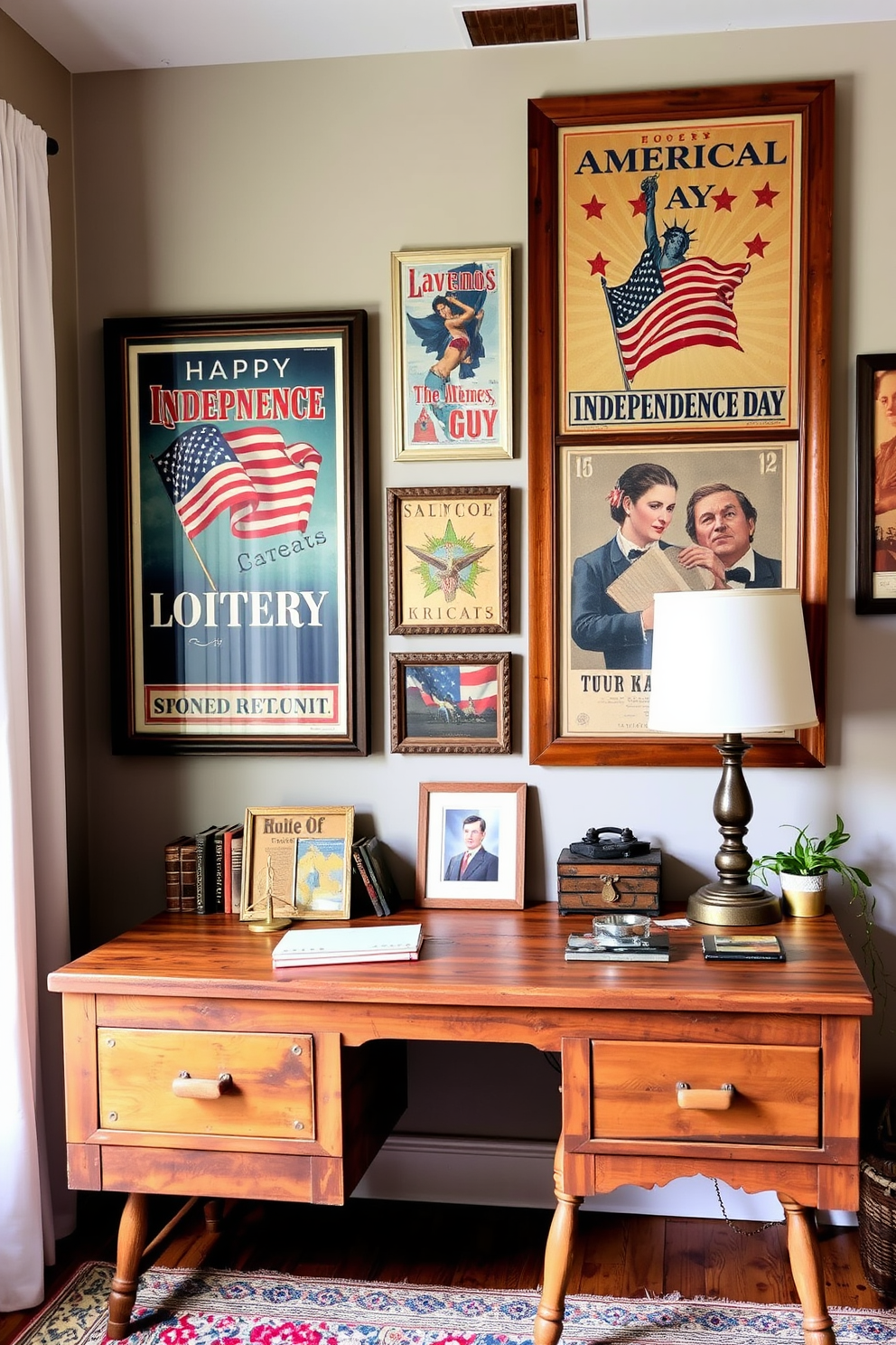 A cozy home office featuring vintage Americana posters that celebrate Independence Day. The walls are adorned with framed posters in rustic wooden frames, complemented by a vintage desk made of reclaimed wood.