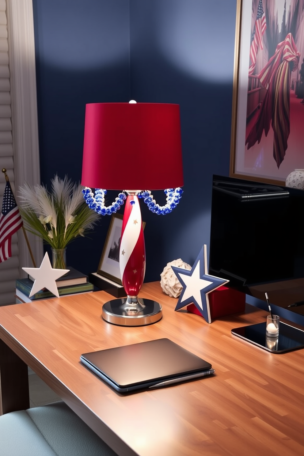 A stylish home office setting featuring a red white and blue desk lamp that embodies the spirit of Independence Day. The lamp is positioned on a sleek wooden desk surrounded by patriotic decor elements that enhance the festive atmosphere.