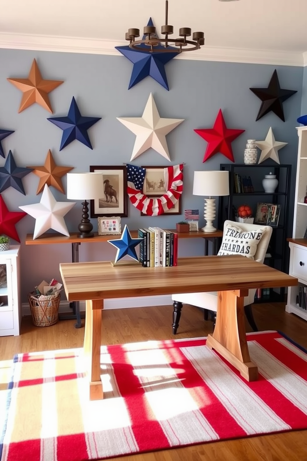 A home office adorned with star shaped decorative accents celebrates Independence Day. The walls are painted in a soft blue hue, and a large desk made of reclaimed wood sits in the center, surrounded by patriotic-themed decor. On the desk, there are star shaped bookends holding a collection of books about American history. A vibrant red and white striped rug lies beneath, adding a festive touch to the overall design.