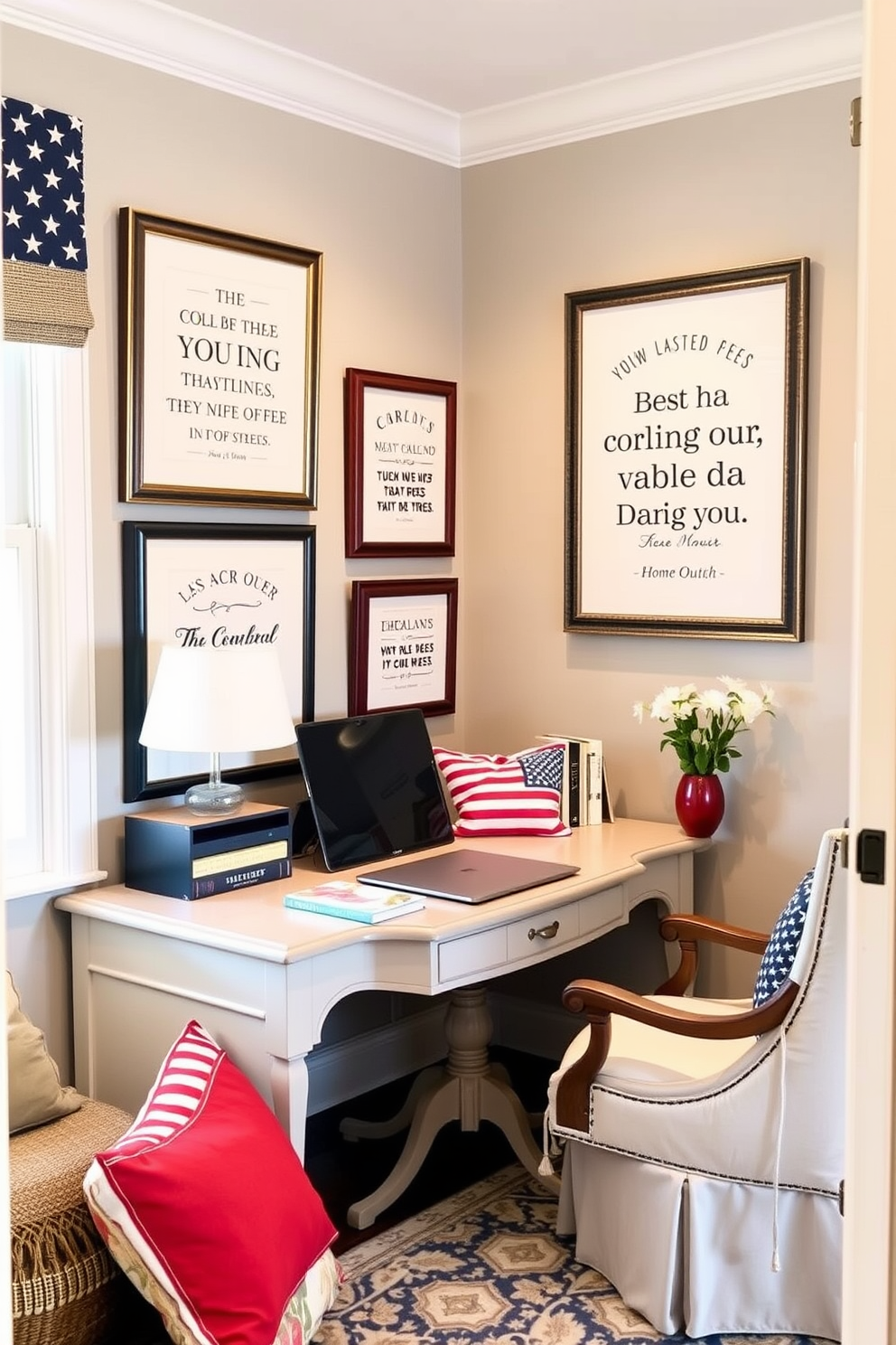 A home office featuring patriotic quote prints framed and displayed on the walls. The decor includes a comfortable desk with a classic design and a cozy chair, complemented by red, white, and blue accents.