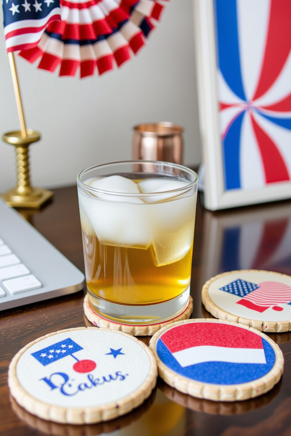 Themed coasters for drinks. Each coaster features a unique design inspired by the colors and symbols of Independence Day. Independence Day home office decorating ideas. Incorporate red white and blue accents with themed artwork and festive decorations to create a patriotic workspace.