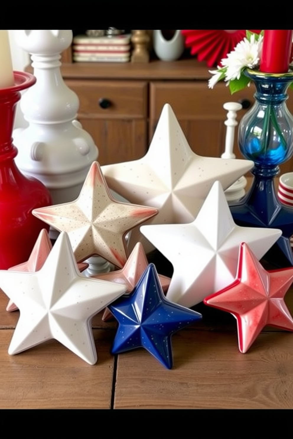 A collection of ceramic stars in various sizes and colors is arranged as table decor for a festive Independence Day theme. The stars are placed on a rustic wooden table, surrounded by red, white, and blue accents to enhance the patriotic atmosphere.