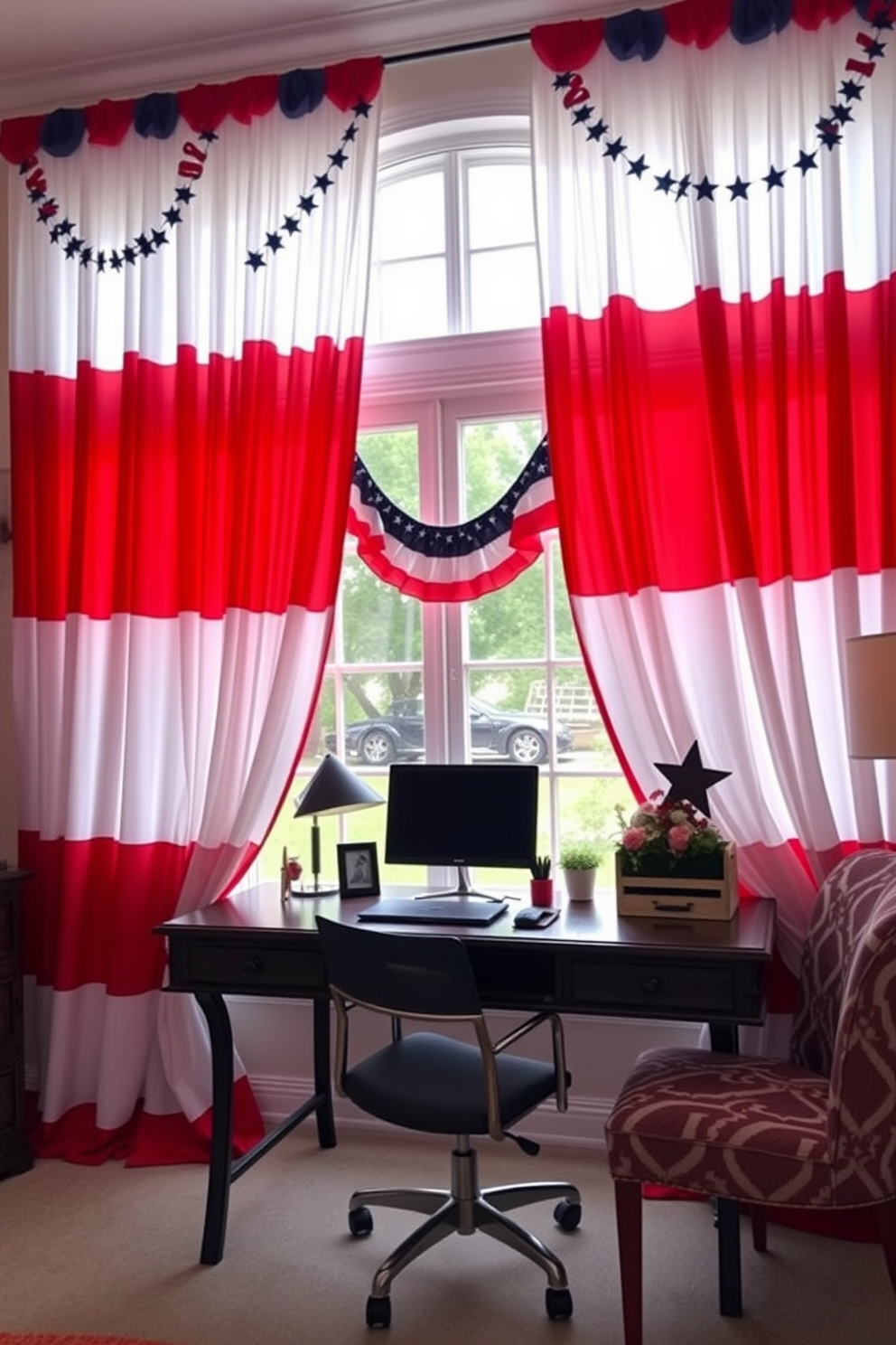 A vibrant home office featuring red white and blue curtains that celebrate Independence Day. The curtains frame a large window, allowing natural light to illuminate a stylish desk adorned with patriotic decor.