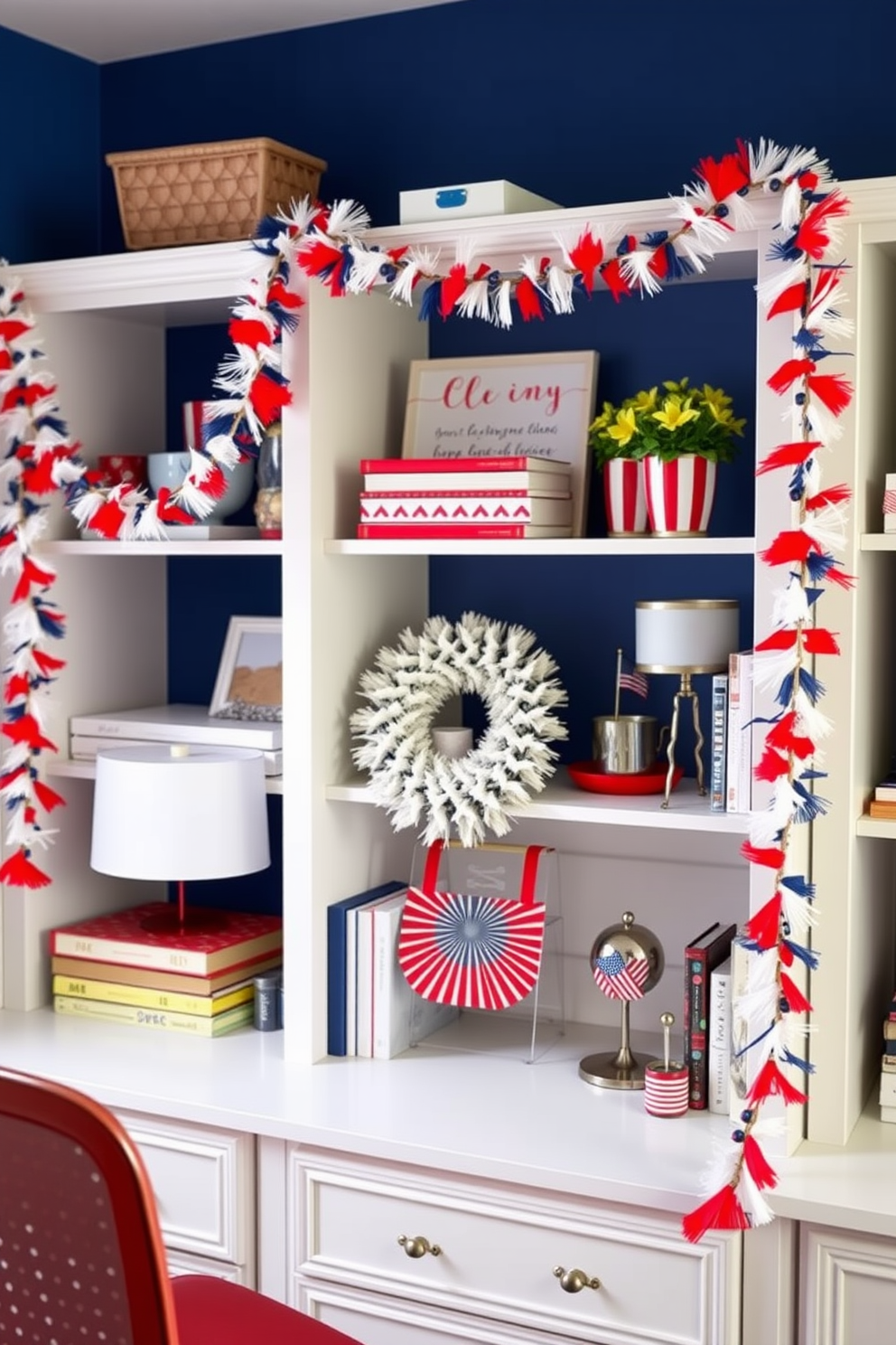 Festive garland drapes elegantly from the shelves in a vibrant home office. The decor features red white and blue accents creating a celebratory atmosphere for Independence Day.