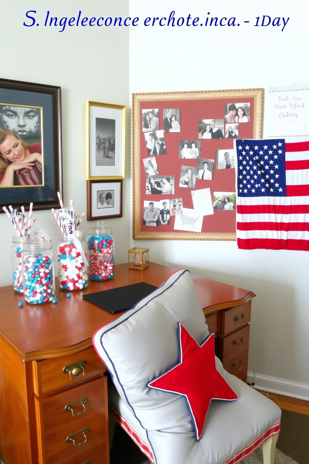 A cozy home office setting designed for Independence Day. On a wooden desk, decorative jars filled with red white and blue candy are arranged next to a vintage American flag. The walls are adorned with framed patriotic artwork and a large bulletin board displaying family photos. A comfortable chair with a star patterned cushion sits in front of the desk, creating an inviting workspace.