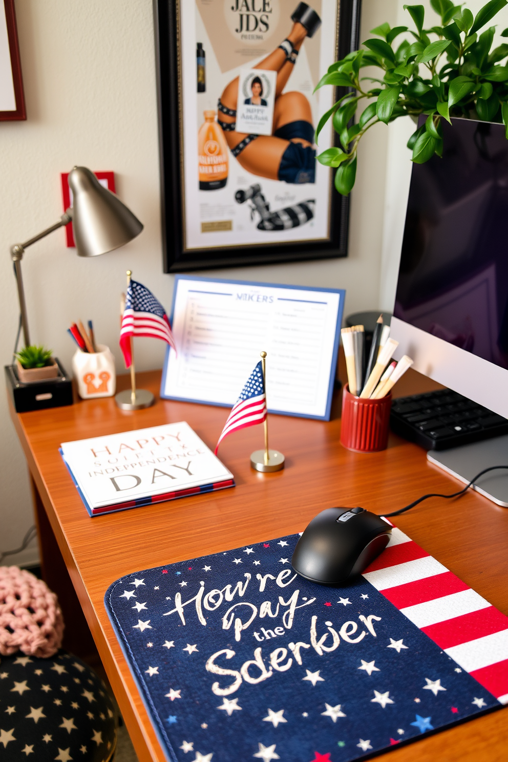 A cozy home office featuring an Americana themed mouse pad that celebrates Independence Day. The desk is adorned with red, white, and blue accents, including a small flag and themed stationery.