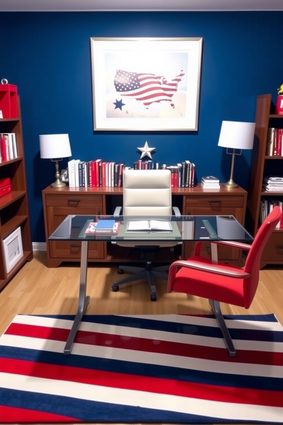 A cozy home office adorned with patriotic themed books prominently displayed on a wooden bookshelf. The walls are painted in a deep blue hue, and a red and white striped rug lies under a sleek, modern desk.