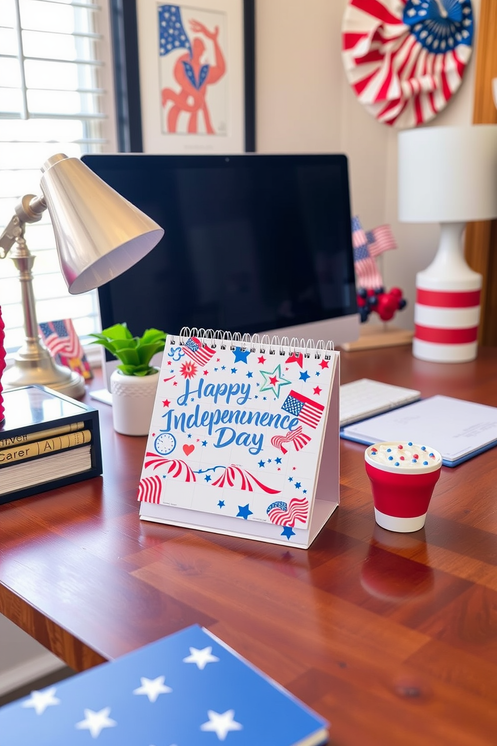 A festive desk calendar featuring vibrant colors and designs celebrating Independence Day sits prominently on a sleek wooden desk. Surrounding the calendar, the home office is adorned with red, white, and blue decor, including patriotic-themed artwork and decorative accessories that evoke a sense of celebration.