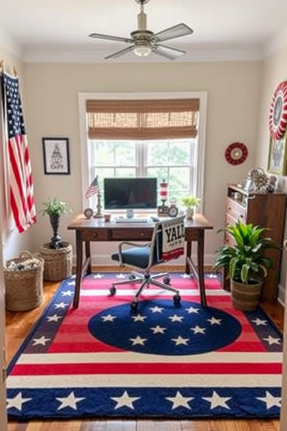 A cozy home office decorated for Independence Day features a stars and stripes area rug that adds a festive touch to the space. The room is filled with natural light, highlighting a wooden desk adorned with patriotic decor and a comfortable chair for productivity.