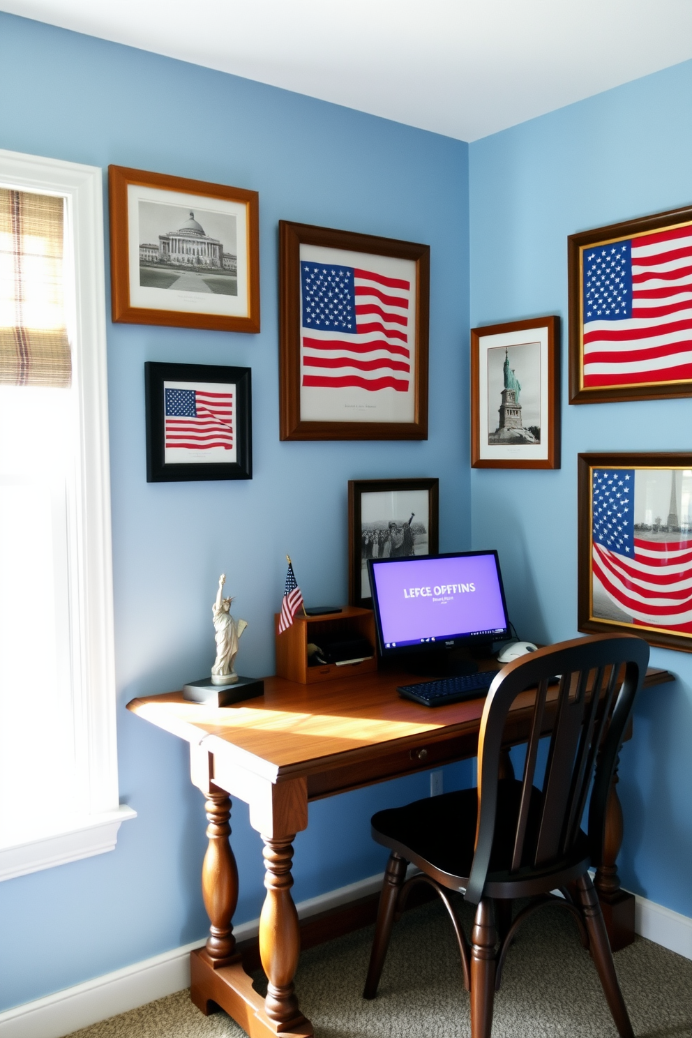 A home office decorated with patriotic themed picture frames showcasing American flags and historical landmarks. The walls are painted in a soft blue hue, and a rustic wooden desk is positioned near a window, allowing natural light to illuminate the space.