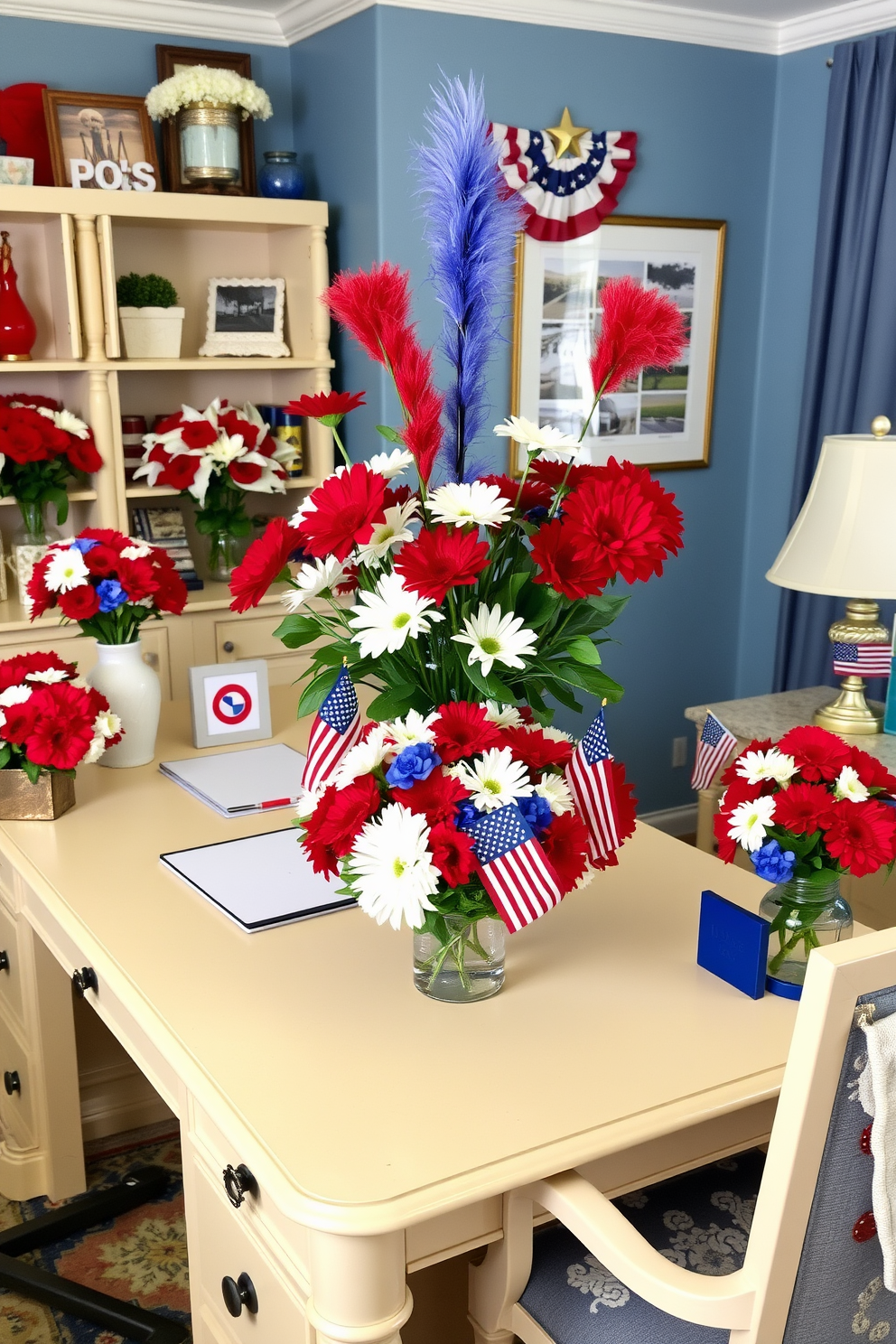 A vibrant home office space decorated for Independence Day features an array of red white and blue flower arrangements. The desk is adorned with a centerpiece of fresh flowers in patriotic colors, surrounded by themed decor that enhances the festive atmosphere.