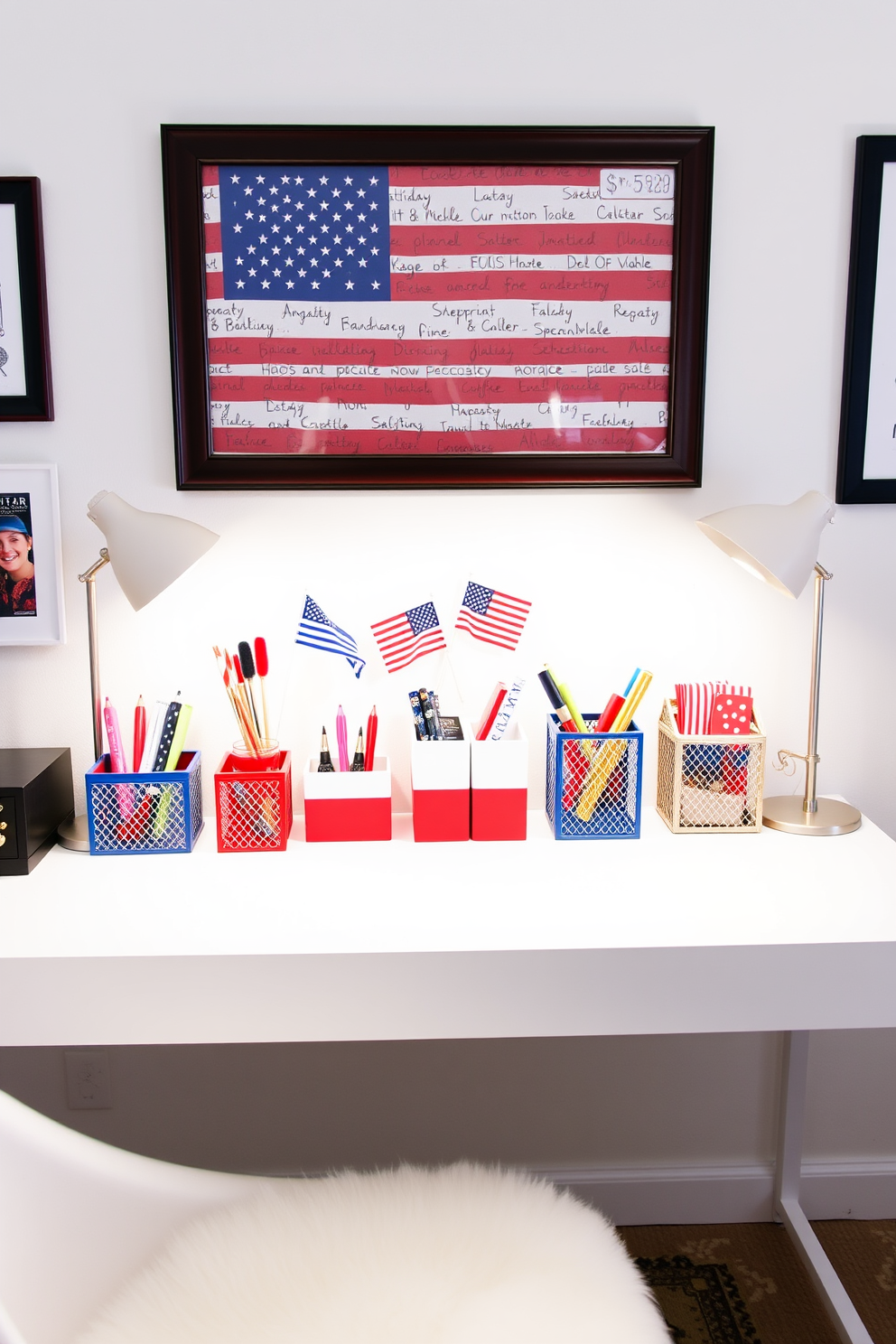 Creative Independence Day desk organizers. A collection of vibrant red white and blue desk organizers arranged on a sleek white desk. Independence Day Home Office Decorating Ideas. Festive decorations including miniature flags and patriotic-themed artwork adorn the walls and desk space.