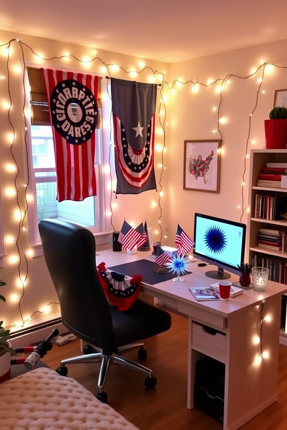 A cozy home office adorned with festive string lights that create a warm and inviting atmosphere. The lights are draped along the walls and around the desk, adding a playful touch to the space. Red, white, and blue decorations are tastefully arranged on the desk, celebrating Independence Day. A comfortable chair and a well-organized bookshelf complete the patriotic theme of the room.