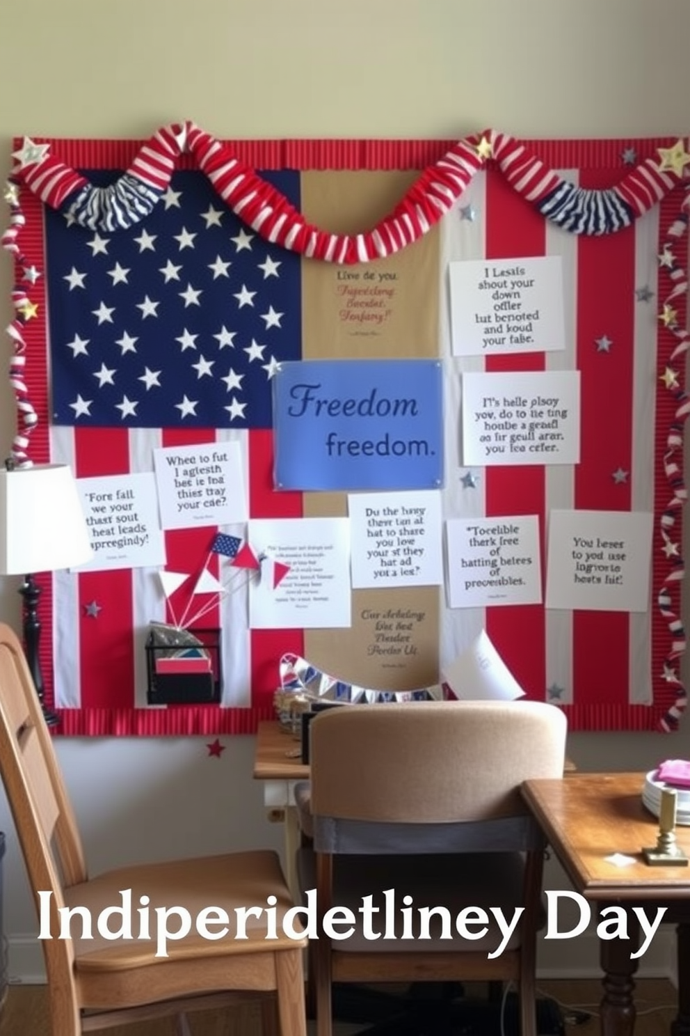 A patriotic themed bulletin board display features a large American flag backdrop with red white and blue accents. Colorful stars and stripes embellish the edges while inspirational quotes about freedom are pinned throughout the board. Incorporate festive decorations such as mini flags and themed garlands to enhance the celebration. A cozy workspace with a rustic wooden desk and comfortable chair completes the Independence Day home office decorating ideas.