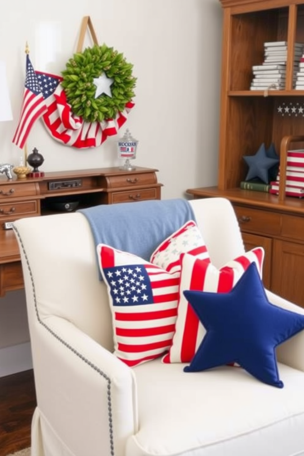 Create a cozy home office space featuring stars and stripes themed throw pillows. The pillows are arranged on a comfortable armchair next to a wooden desk adorned with patriotic decorations.