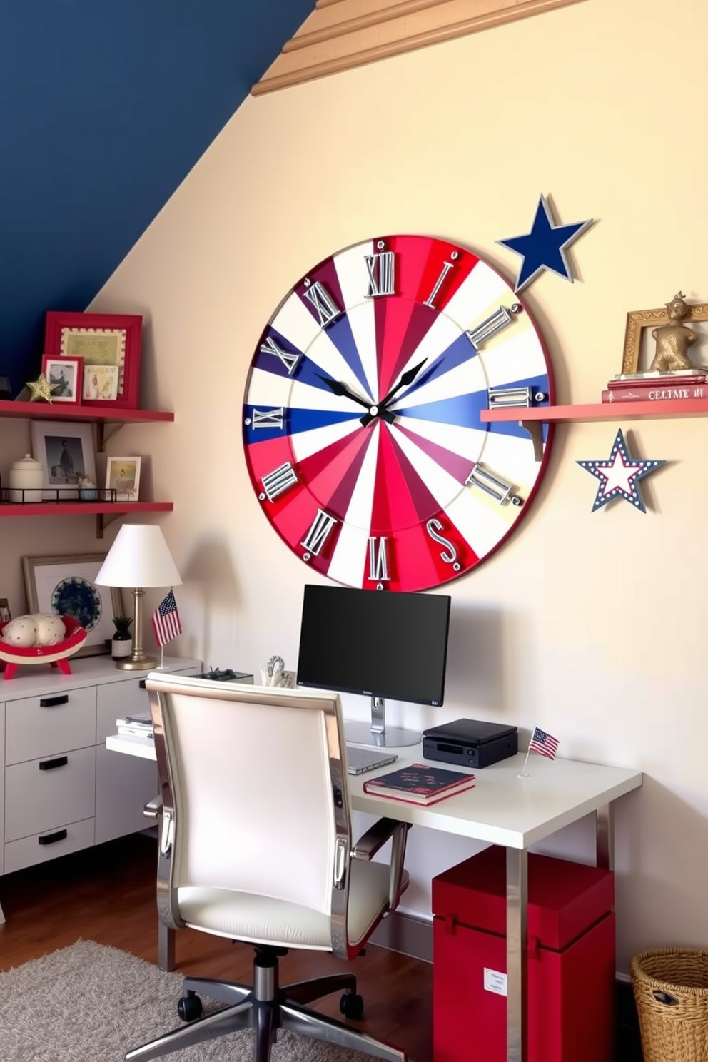 A vibrant home office setting features a red white and blue wall clock prominently displayed on the wall. The decor incorporates patriotic accents with a stylish desk, comfortable chair, and shelves adorned with themed decorations that celebrate Independence Day.