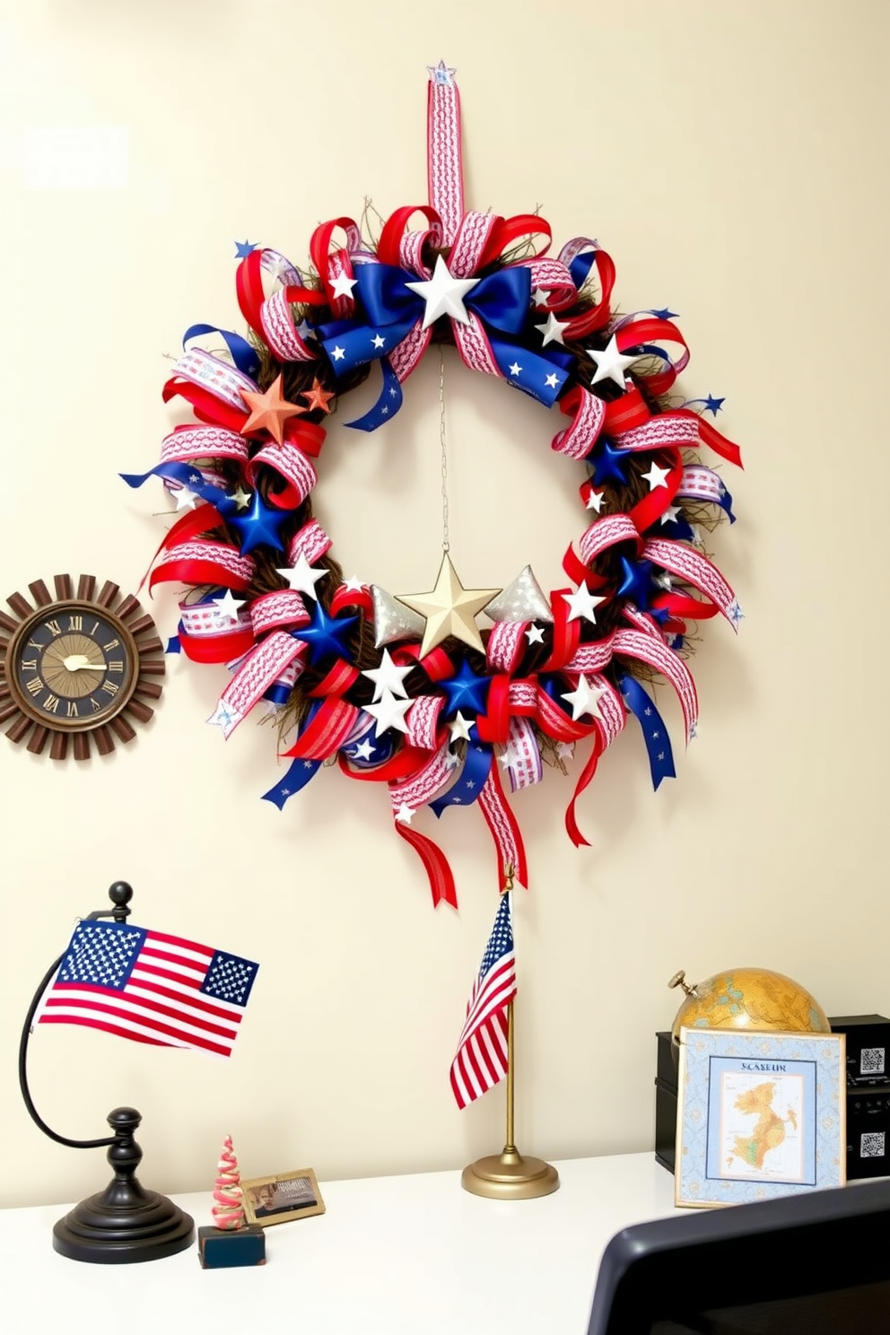 A decorative wreath featuring Americana elements is prominently displayed on the wall. The wreath is adorned with red white and blue ribbons stars and small flags creating a festive atmosphere perfect for Independence Day. In the home office the desk is accented with themed decorations such as a small flag and a vintage style globe. The overall decor combines patriotic colors and symbols to inspire creativity and evoke a sense of national pride.