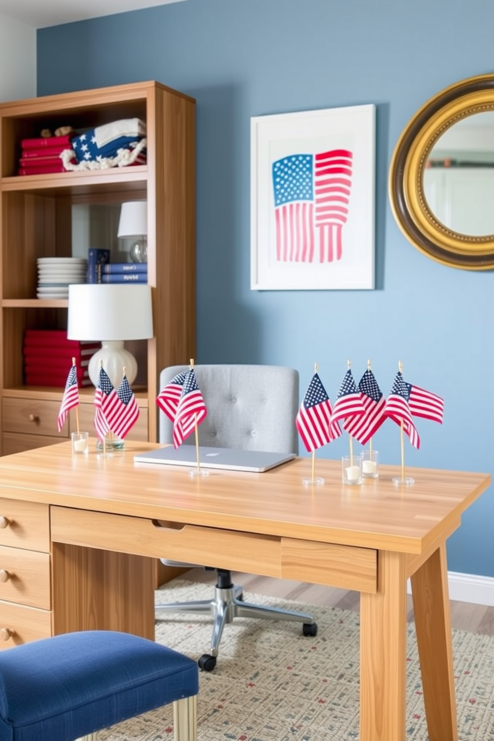 A stylish home office decorated for Independence Day features a sleek wooden desk adorned with miniature American flags in vibrant colors. The walls are painted in a soft blue hue, and a patriotic-themed artwork hangs above the desk, adding a festive touch to the workspace.