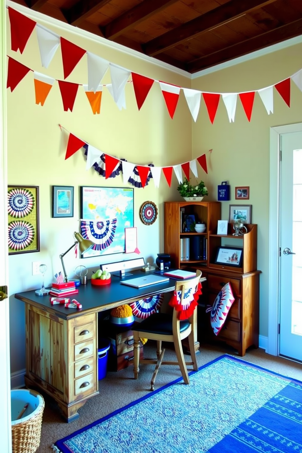 A vibrant home office decorated for Independence Day features festive bunting strung across the room in red white and blue. The workspace includes a rustic wooden desk adorned with patriotic decorations and a comfortable chair that invites creativity.