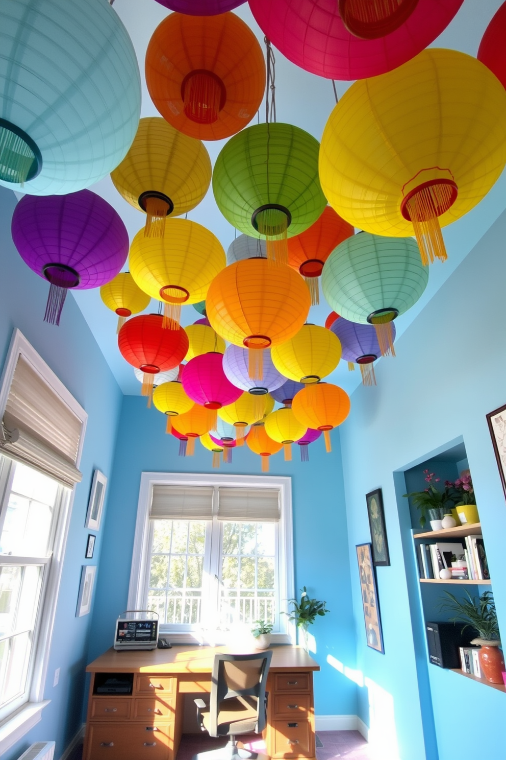 A vibrant home office setting adorned with colorful paper lanterns hanging from the ceiling to create a festive atmosphere. The walls are painted in a soft blue, and a large wooden desk is positioned in front of a window, allowing natural light to fill the space.