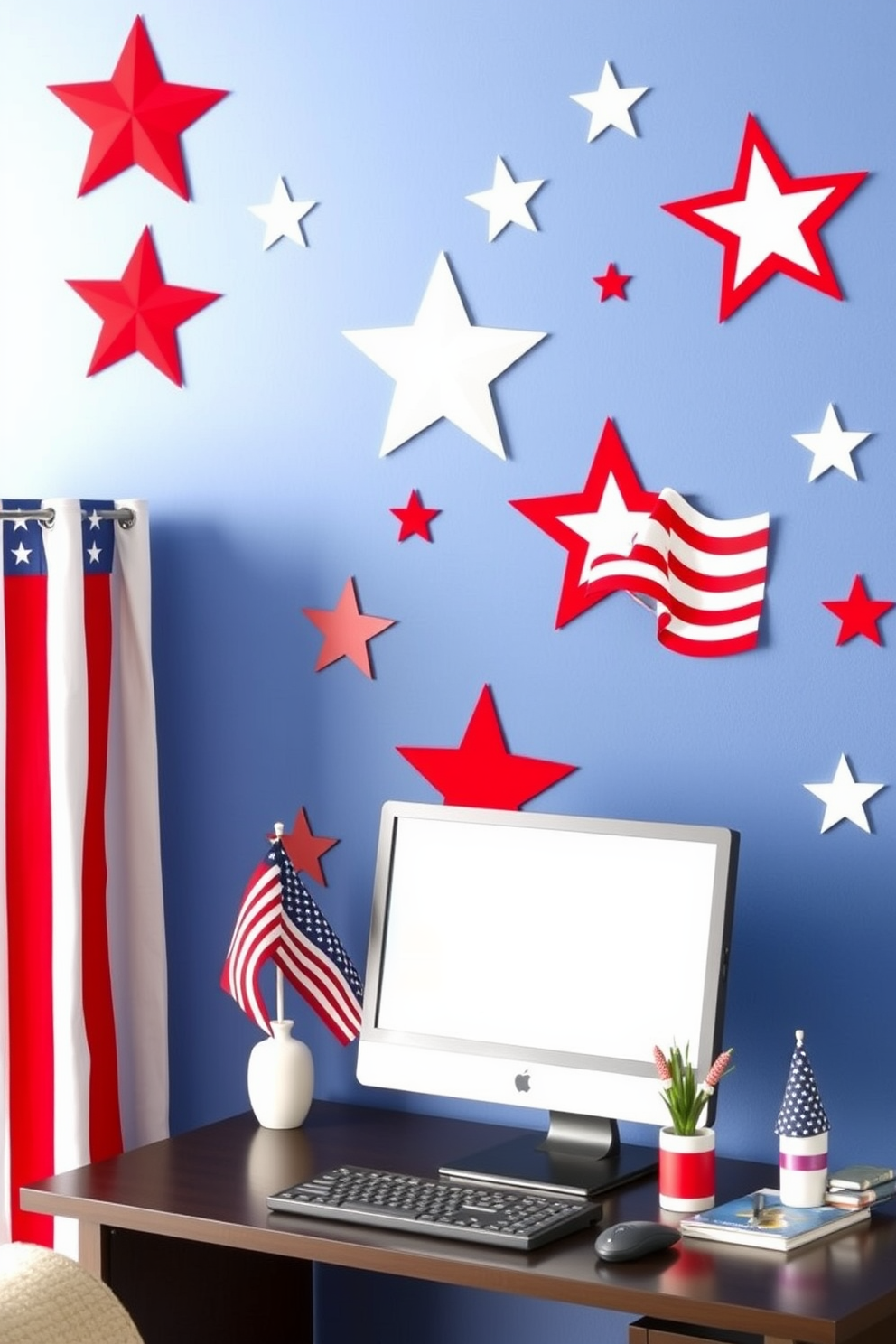 Independence Day themed wall decals featuring stars and stripes in vibrant red white and blue colors. The decals can be arranged in a creative pattern to celebrate the holiday spirit while adding a patriotic touch to the room. Independence Day home office decorating ideas that incorporate elements like miniature flags and themed artwork. A red white and blue color scheme can be used for desk accessories and wall art to create an inspiring workspace.