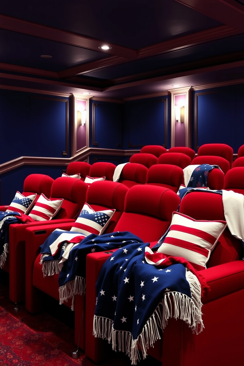 A vibrant home theater featuring red white and blue themed seating for an Independence Day celebration. The plush seats are adorned with patriotic cushions and draped with festive throws, creating a cozy and inviting atmosphere.