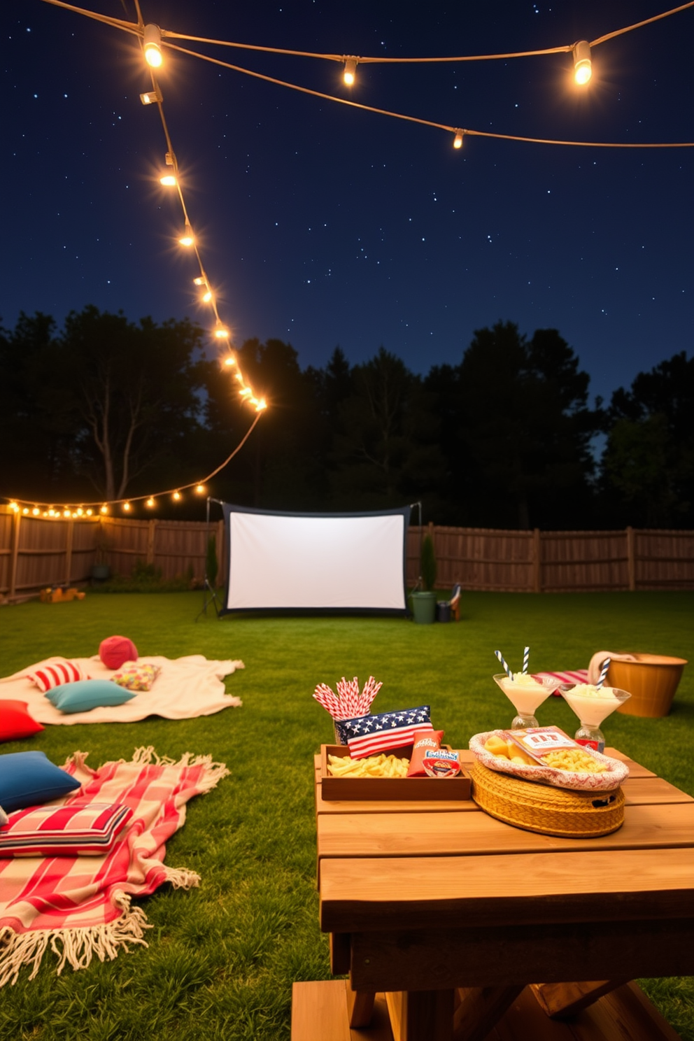 Create a cozy outdoor movie night setting under the stars. Plush blankets are spread across the grass, with colorful cushions scattered around for extra comfort. String lights are draped above, casting a warm glow over the area. A large screen is set up for viewing, with a selection of patriotic snacks placed on a rustic wooden table.