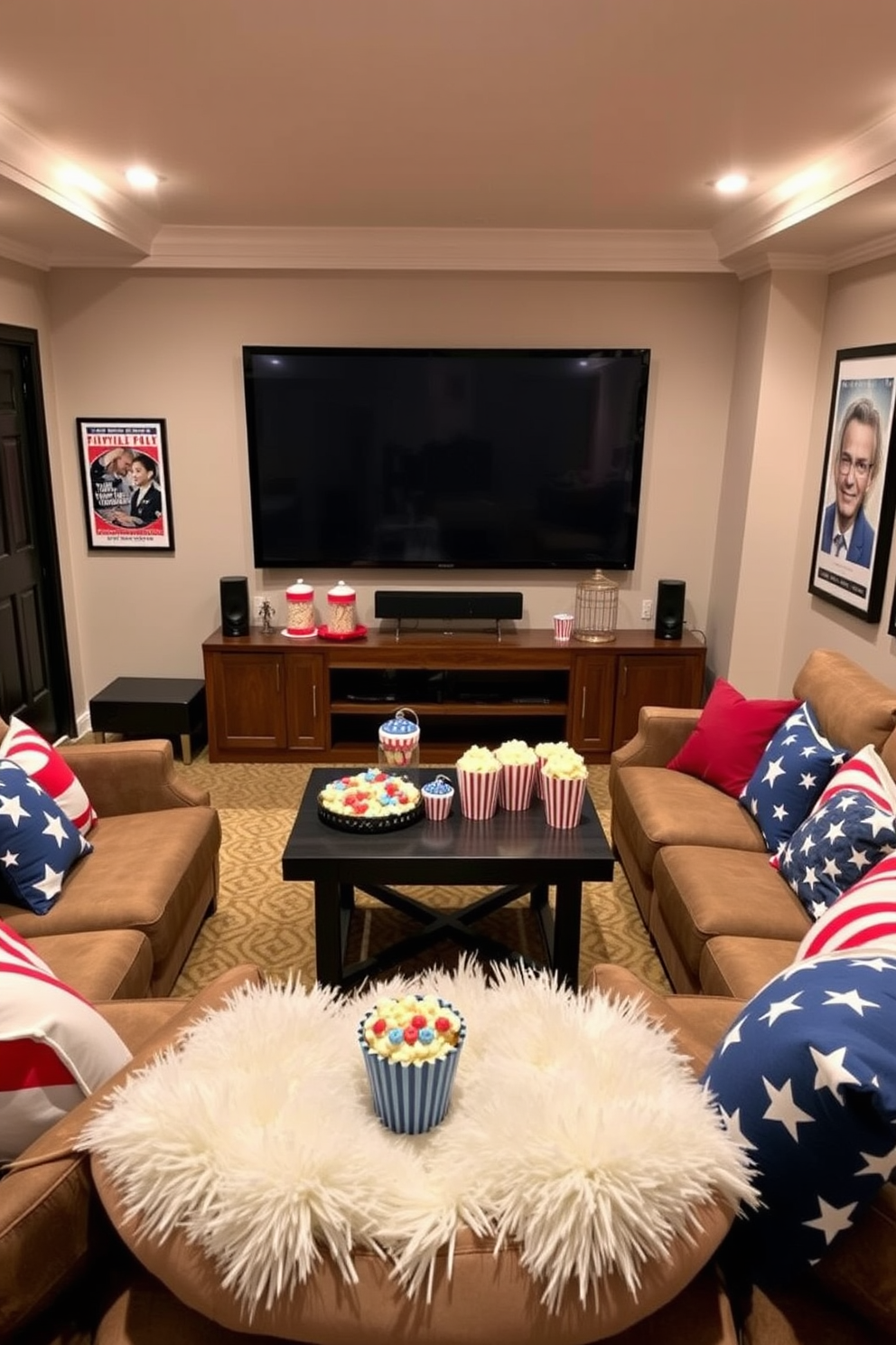 A cozy home theater decorated for Independence Day features a large screen with patriotic movie posters on the walls. The snack table is adorned with themed snacks in red, white, and blue, including cupcakes with star-shaped sprinkles and popcorn in festive containers. Comfortable seating is arranged in a semi-circle, with plush cushions featuring stars and stripes. Soft, ambient lighting enhances the festive atmosphere, creating a perfect setting for celebrating the holiday with friends and family.