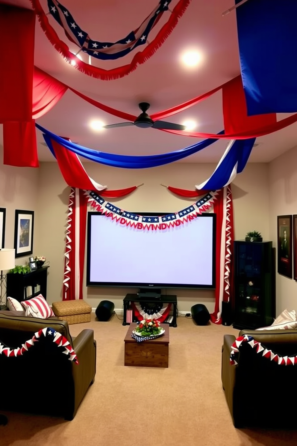 A cozy home theater adorned for Independence Day. Festive banners in red white and blue drape from the ceiling while garlands of stars and stripes frame the screen creating a celebratory atmosphere.