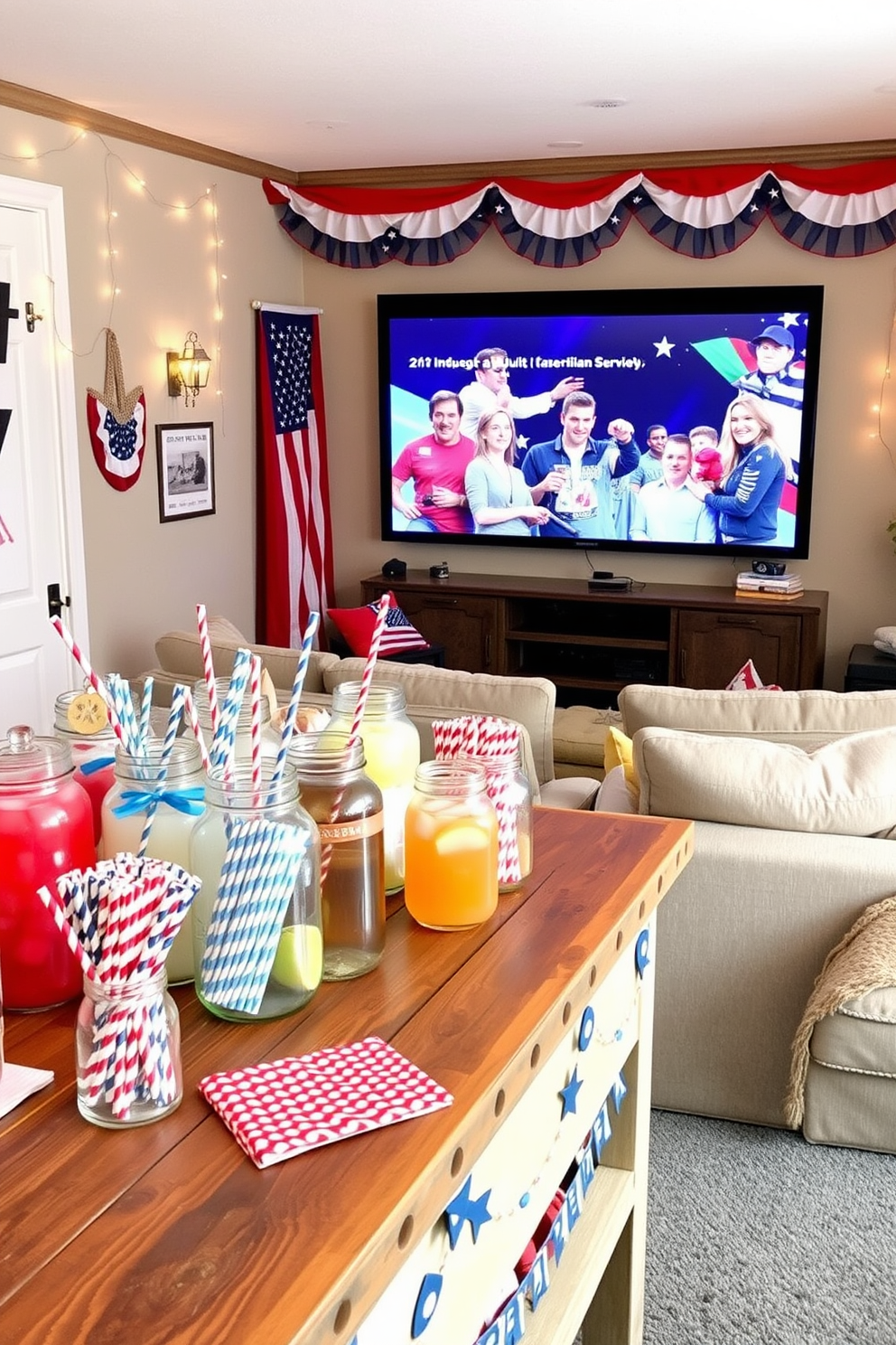 A festive Fourth of July themed drink station featuring a rustic wooden table adorned with red white and blue decorations. Glass jars filled with lemonade and iced tea sit alongside a display of patriotic straws and napkins. A cozy home theater decorated for Independence Day with plush seating and a large screen displaying classic American movies. The walls are draped with string lights and red white and blue bunting, creating a warm and inviting atmosphere for family and friends.