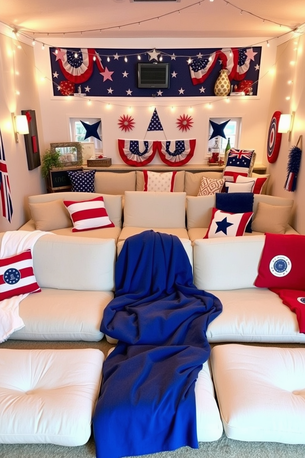 Cushioned floor seating arranged in a cozy configuration creates an inviting atmosphere for movie nights. Soft, colorful blankets are draped over the seating, adding a festive touch for Independence Day celebrations. The home theater features patriotic decorations, with red, white, and blue accents throughout the space. String lights and themed cushions enhance the overall ambiance, making it perfect for family gatherings and celebrations.