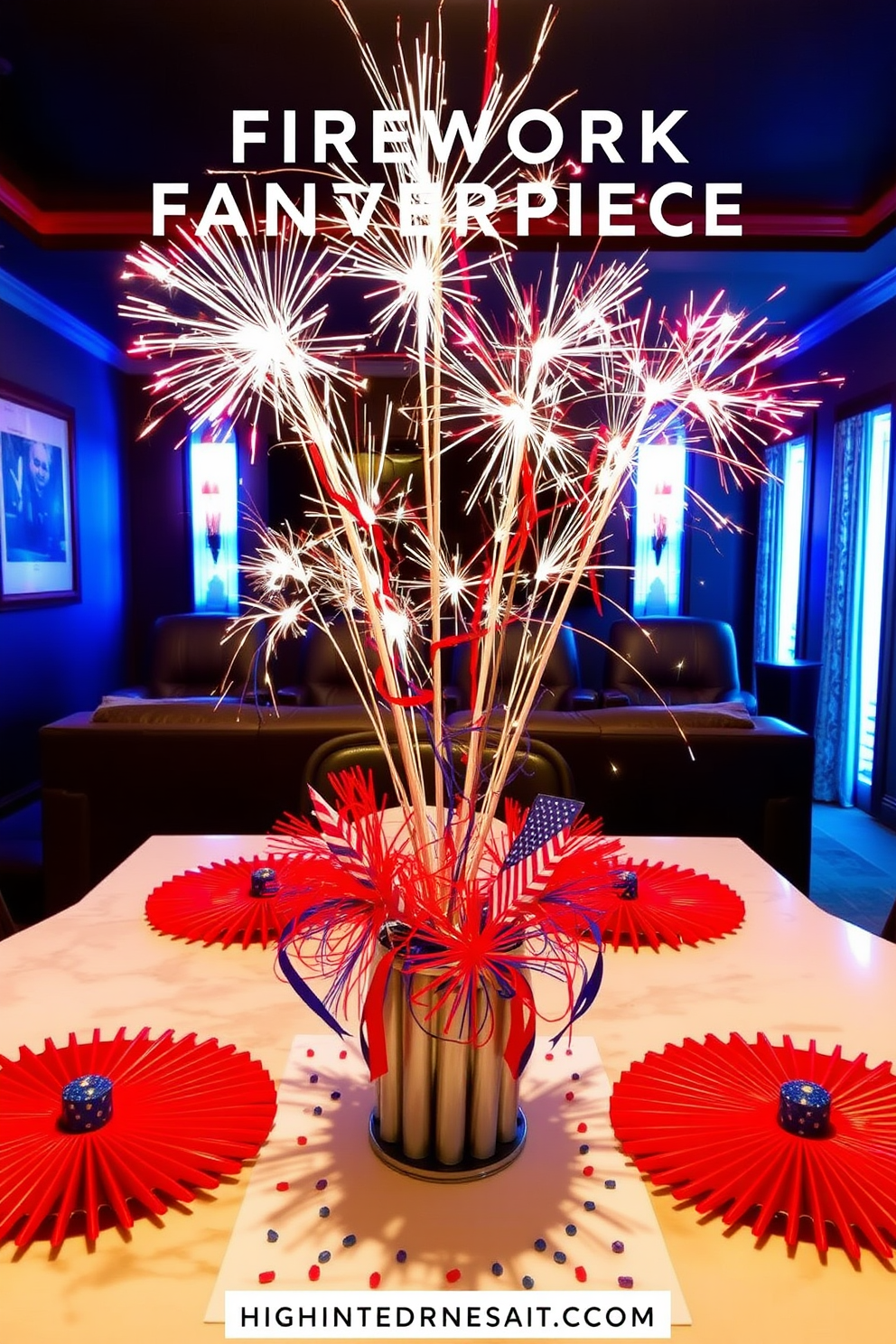 A vibrant DIY fireworks centerpiece is displayed on a festive table adorned with red white and blue decorations. The centerpiece features colorful sparklers and miniature fireworks arranged in a creative and eye-catching manner. The home theater is designed for ultimate comfort and entertainment with plush seating and ambient lighting. Walls are painted in a dark shade to enhance the cinematic experience while soundproofing elements ensure an immersive atmosphere.