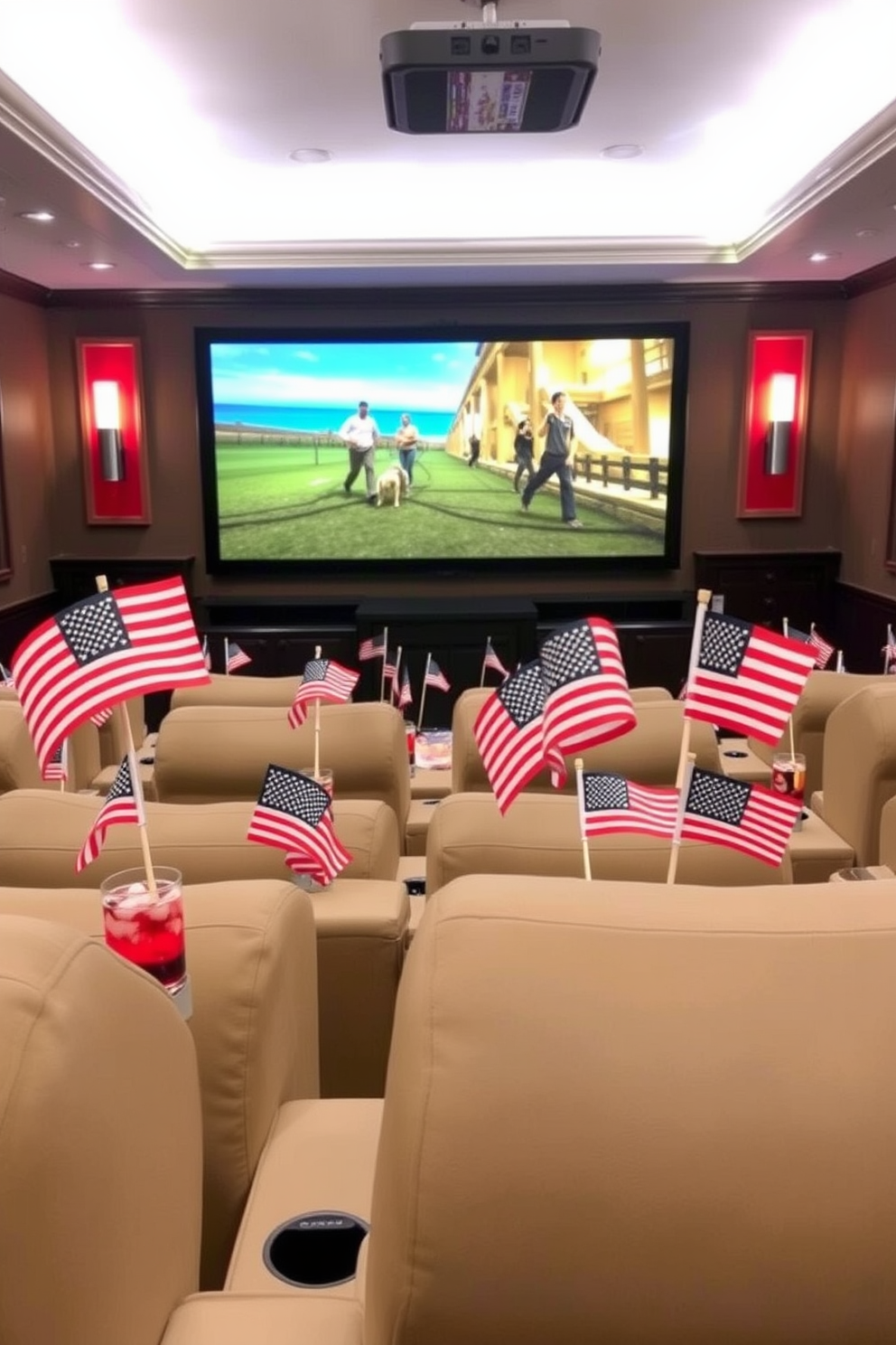 Miniature flags are placed in drink holders throughout the home theater, adding a festive touch for Independence Day celebrations. The theater features comfortable seating arranged for optimal viewing, with red white and blue accents in the decor.