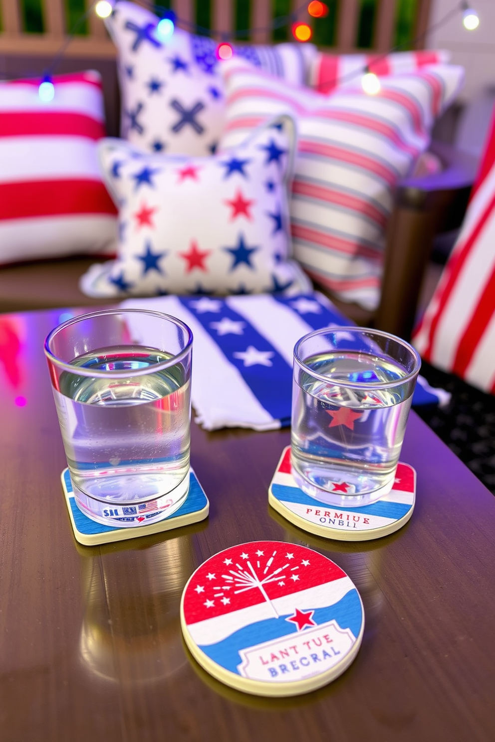 Themed coasters for drinks featuring a vibrant red white and blue color scheme. Each coaster showcases iconic symbols of Independence Day such as fireworks and stars. Independence Day Home Theater Decorating Ideas include a cozy setup with patriotic themed cushions and blankets. String lights in red white and blue create a festive atmosphere for movie nights.