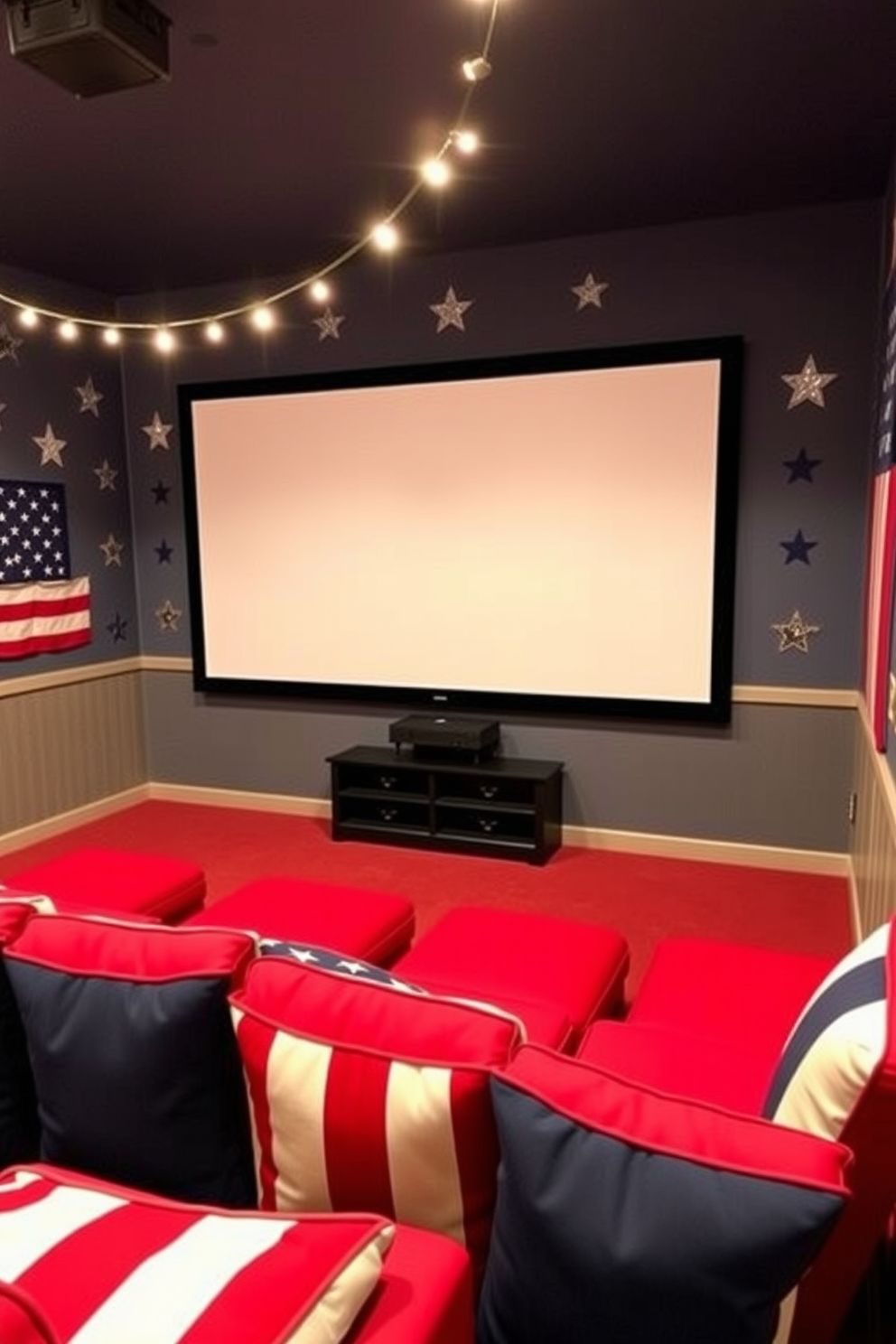 Americana themed wall decals create a festive atmosphere in your home theater. The walls are adorned with vintage stars and stripes designs, celebrating Independence Day in style. Cushioned seating in red, white, and blue complements the decor while providing comfort for movie nights. A large screen is framed with string lights, enhancing the patriotic theme and inviting warmth into the space.