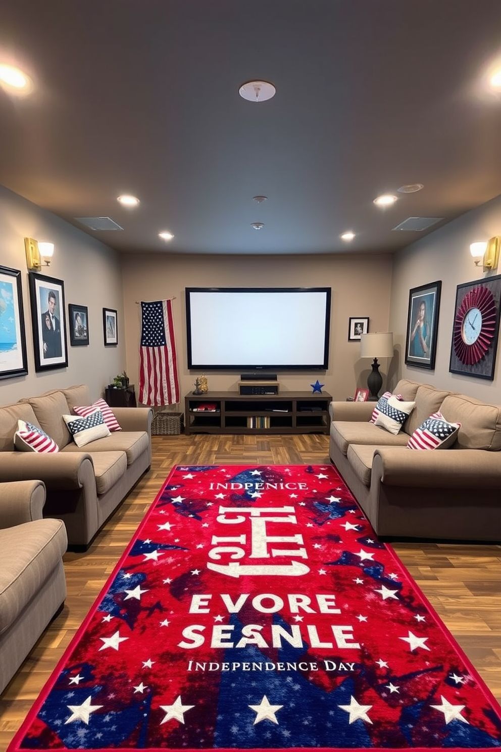 A cozy home theater featuring a large screen and comfortable seating arranged for optimal viewing. On the floor, a vibrant red blue and white area rug celebrates Independence Day, adding a festive touch to the space. The walls are adorned with patriotic decor, including framed artwork and themed cushions on the sofas. Soft lighting fixtures create an inviting atmosphere, perfect for movie nights with family and friends.