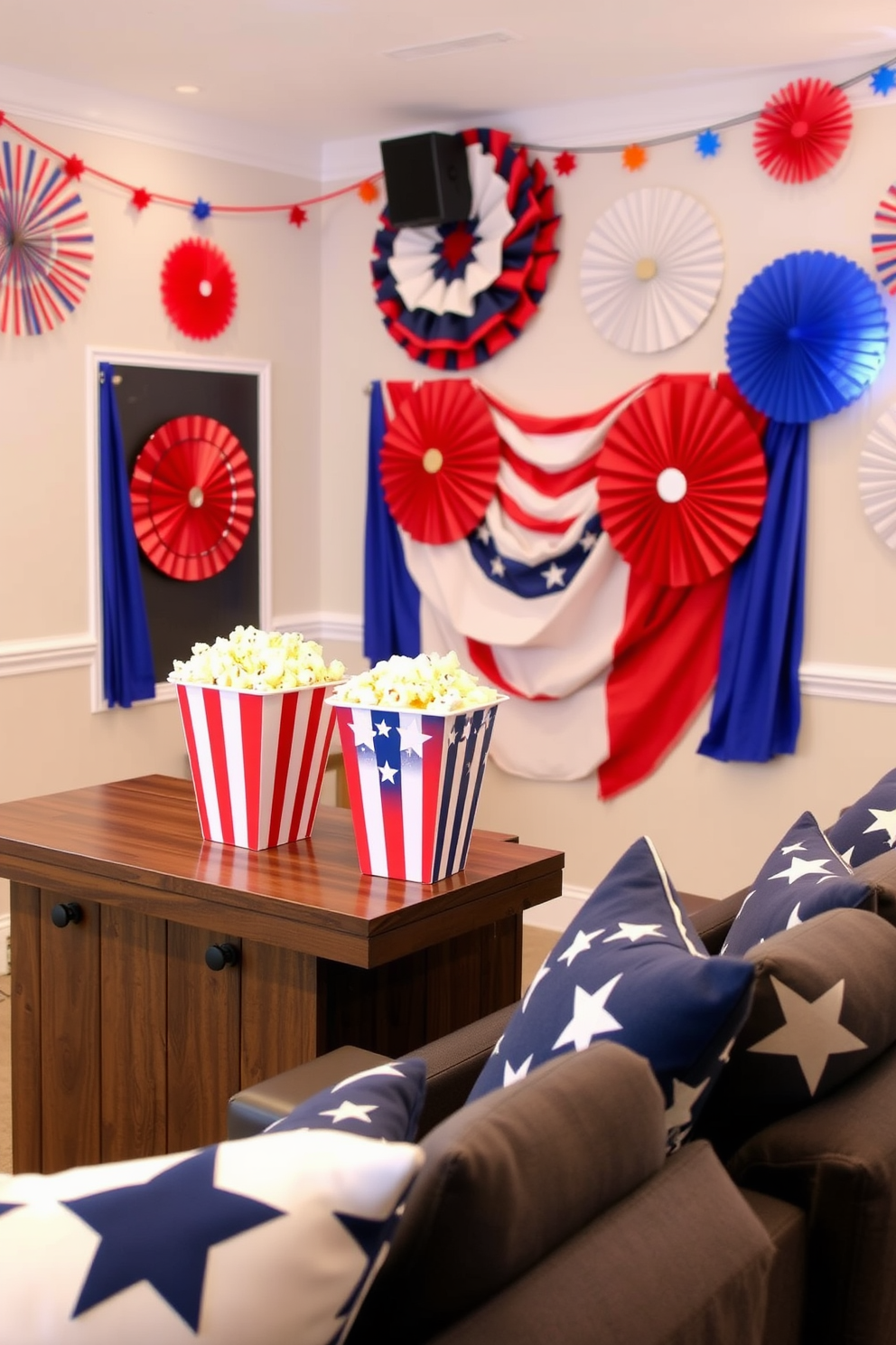 A festive home theater setting for Independence Day. There are vibrant stars and stripes popcorn buckets placed on a sleek wooden snack bar. The walls are adorned with red, white, and blue decorations, creating a patriotic atmosphere. Cozy seating is arranged with plush cushions featuring star patterns, inviting guests to enjoy a movie marathon.