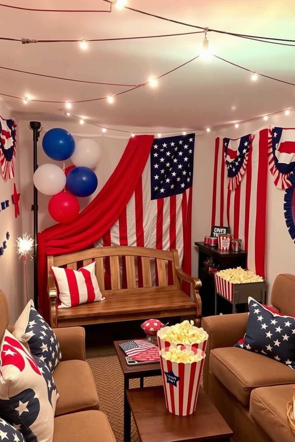 A festive photo booth corner setup for Independence Day. The backdrop features red white and blue balloons along with a large American flag draped elegantly. In front of the backdrop a vintage wooden bench is adorned with patriotic throw pillows. A table nearby holds themed props such as hats and sparklers for guests to enjoy. A cozy home theater decorated for Independence Day celebrations. The walls are adorned with stars and stripes while comfortable seating is arranged for optimal viewing. String lights are hung across the ceiling creating a warm inviting atmosphere. A snack station features red white and blue treats alongside classic movie popcorn.